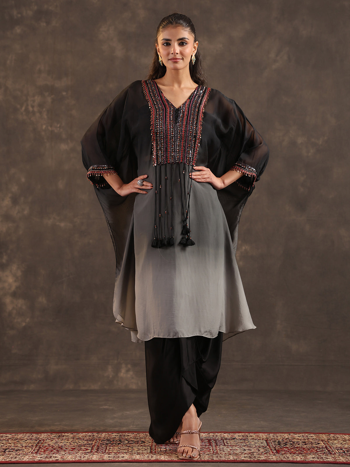 Black organza embellished kaftan suit with elegant V neckline