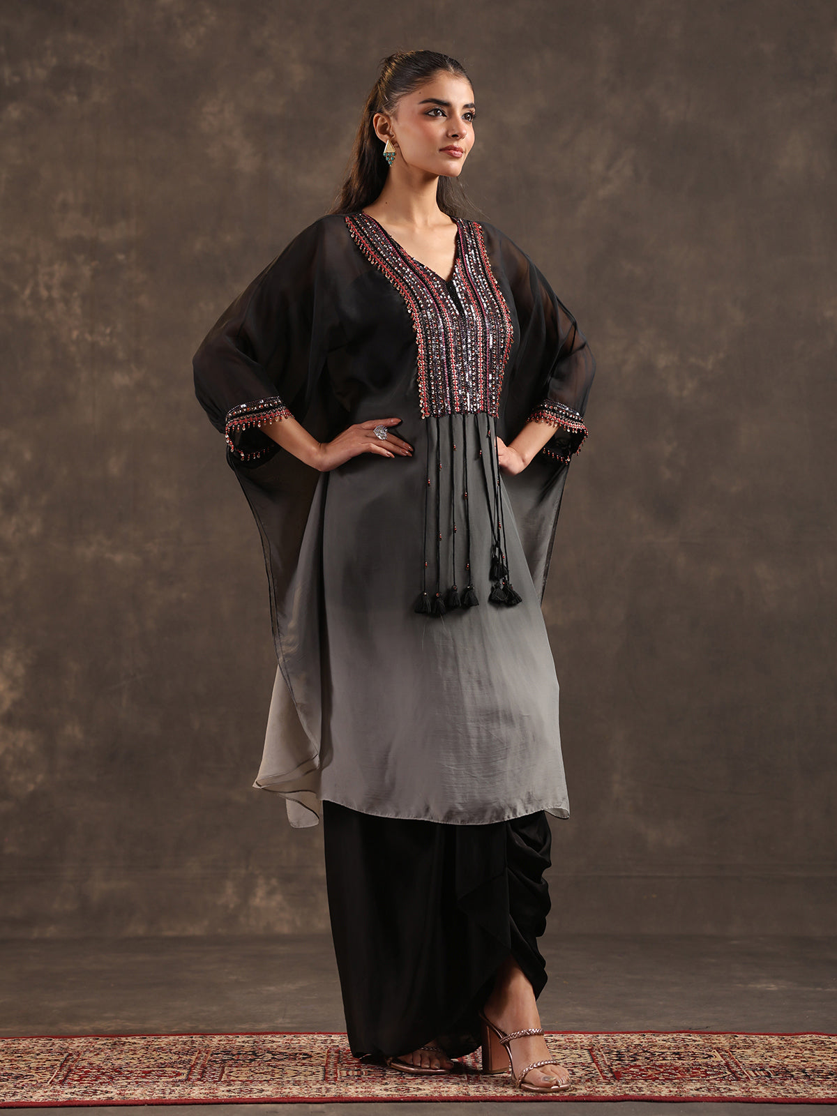 Black organza embellished kaftan suit with elegant V neckline
