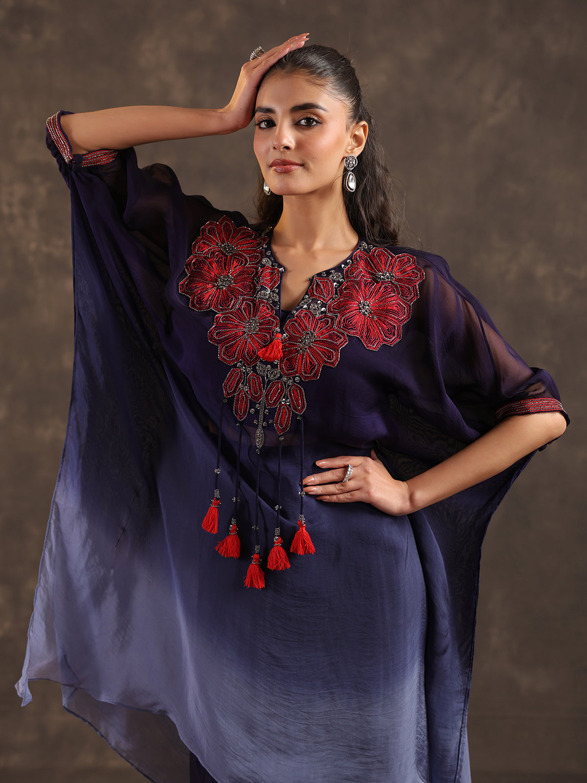 Dark blue ombre organza kaftan suit with festive embellishments