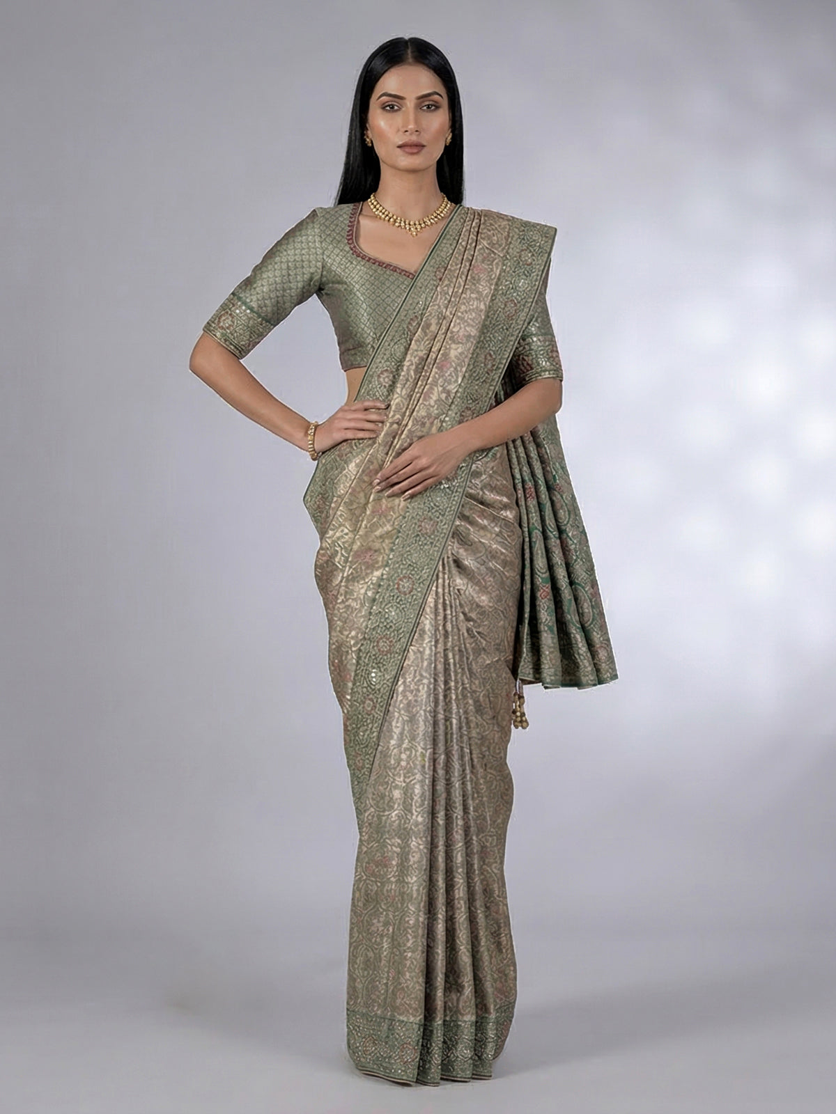 Mehendi green tissue silk kanjivaram heavy work saree