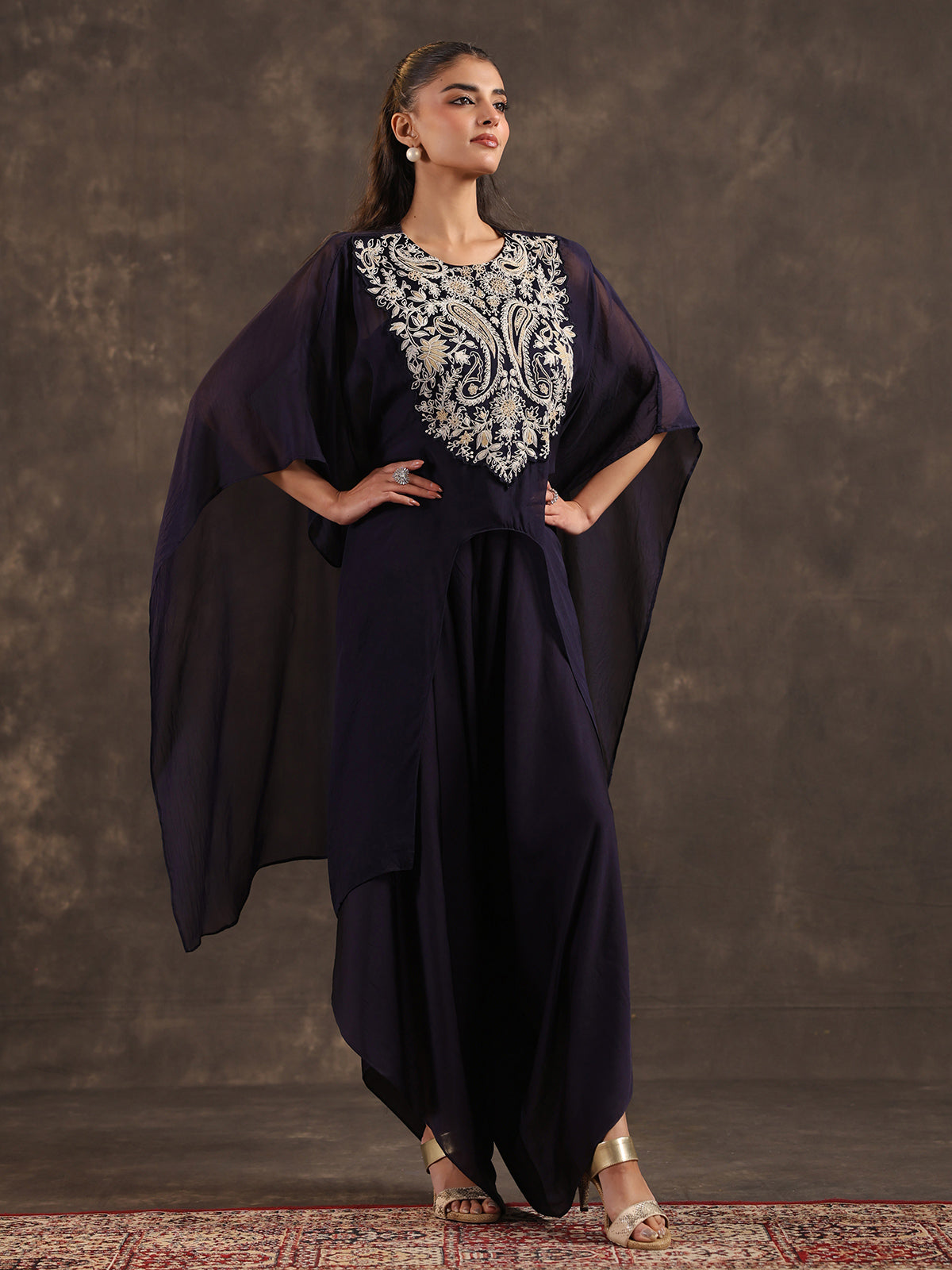 Navy blue designer organza kaftan dhoti suit with elegance