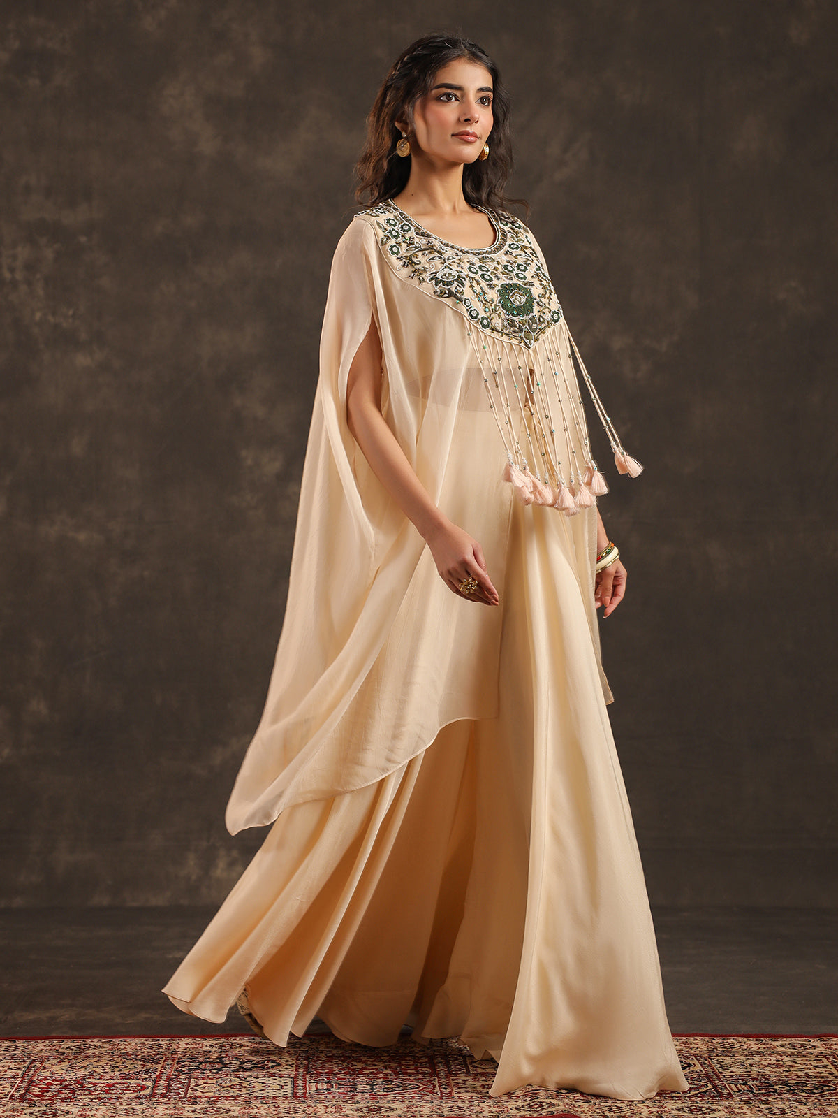 Off white organza kaftan palazzo suit with zardosi embellishments