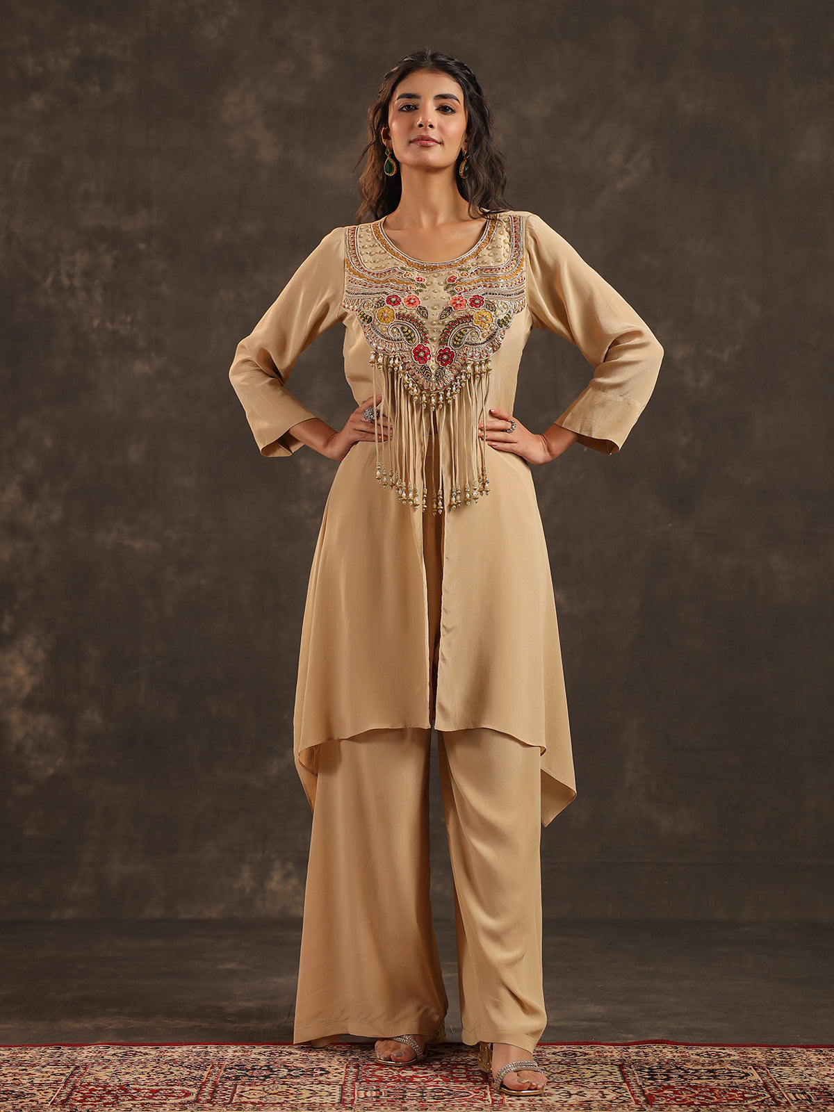 Beige viscose crepe yoke style palazzo suit with embellishments