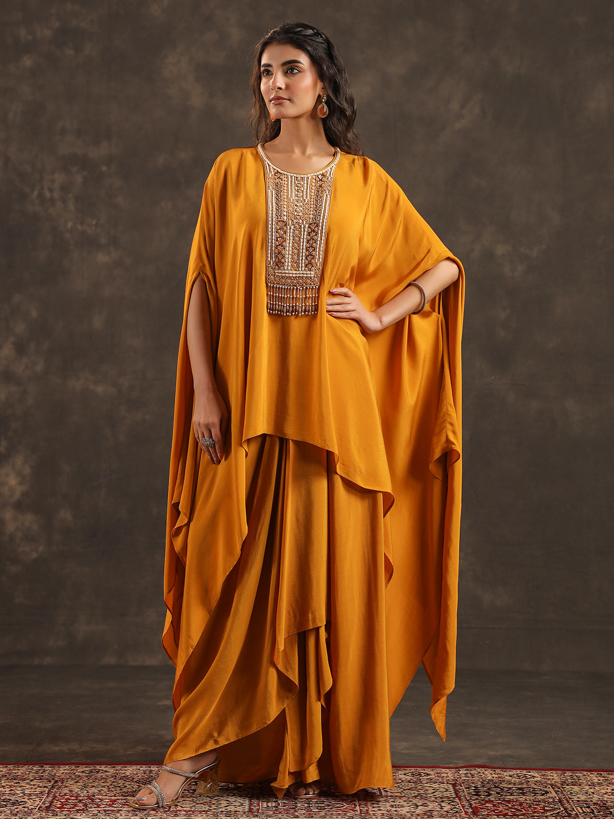 Mustard yellow viscose crepe kaftan suit with pearl embellishments