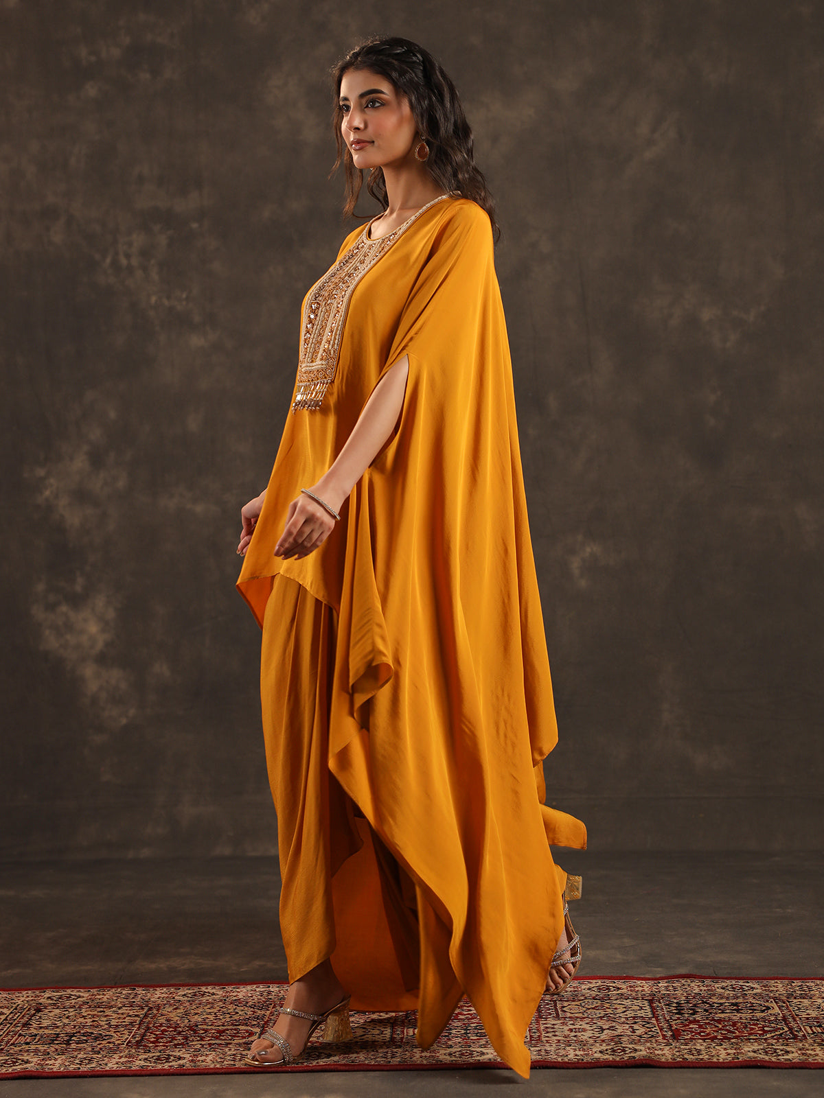 Mustard yellow viscose crepe kaftan suit with pearl embellishments