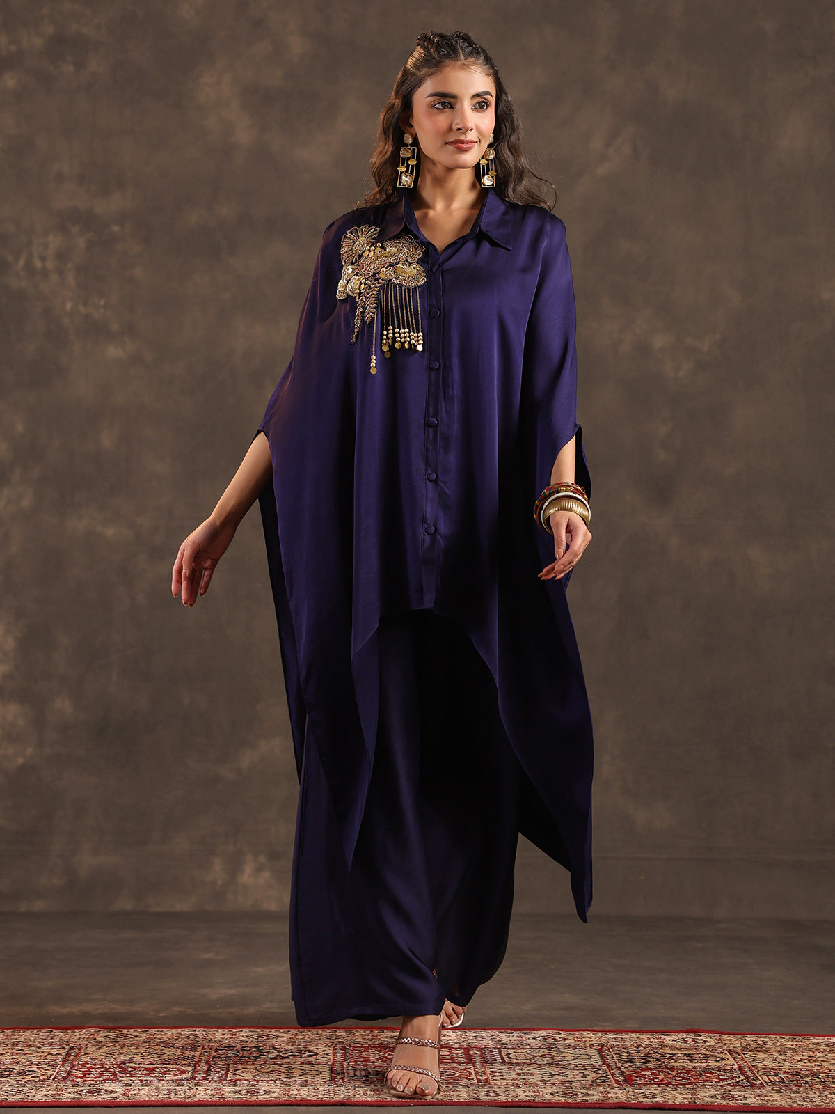 Navy blue modal satin kaftan palazzo suit with coins