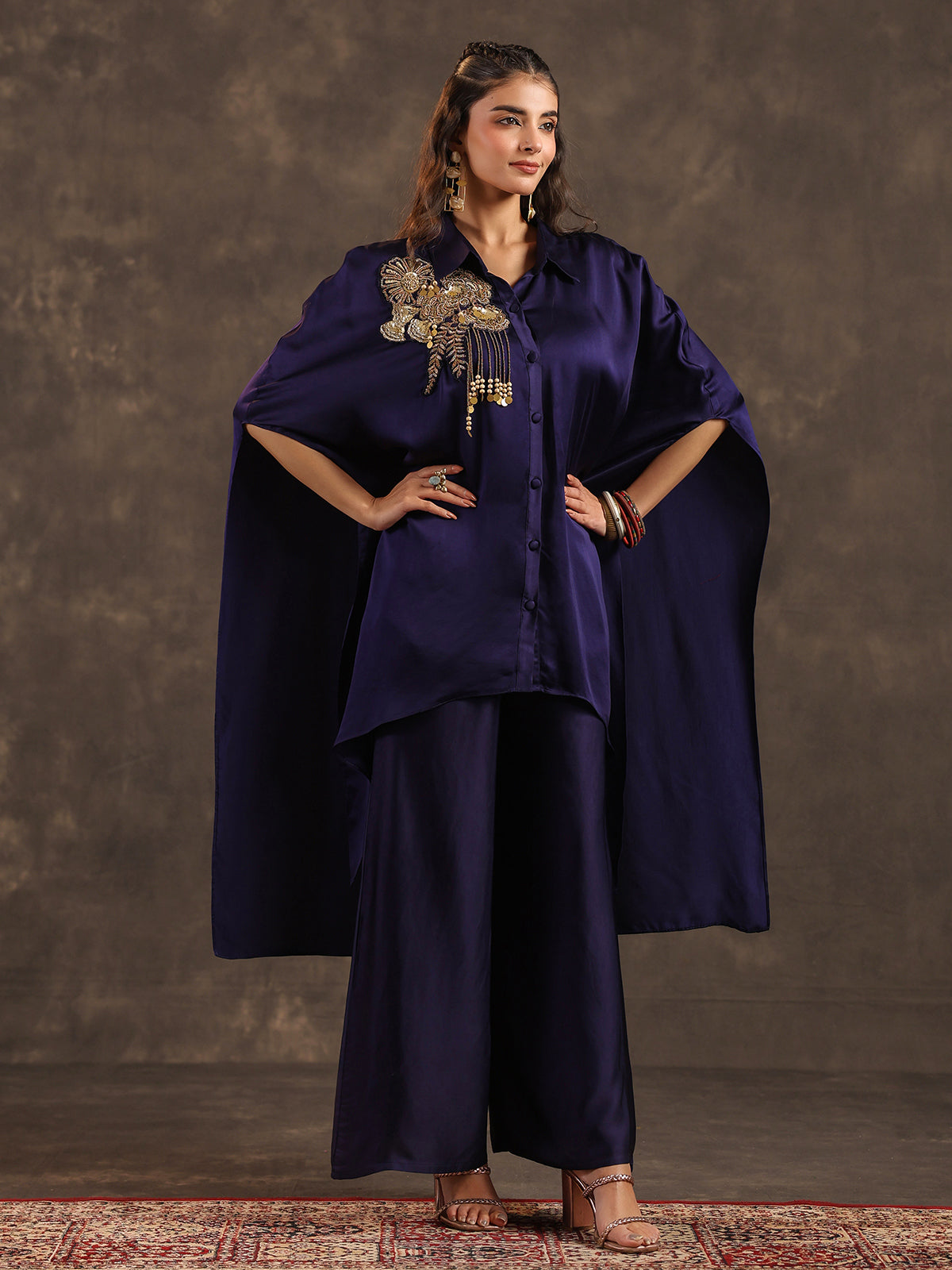 Navy blue modal satin kaftan palazzo suit with coins