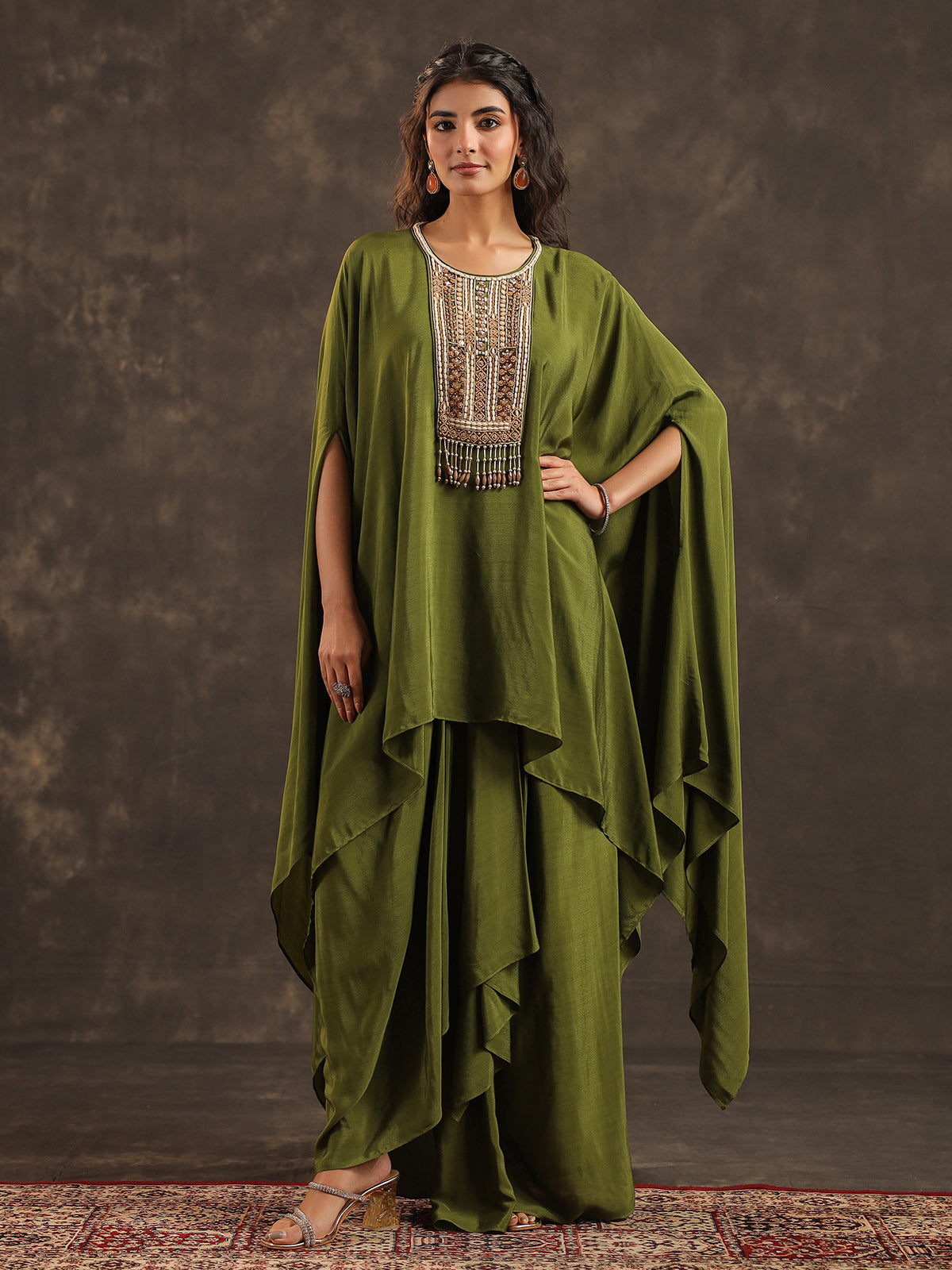 Mehendi green viscose crepe kaftan suit with festive embellishments
