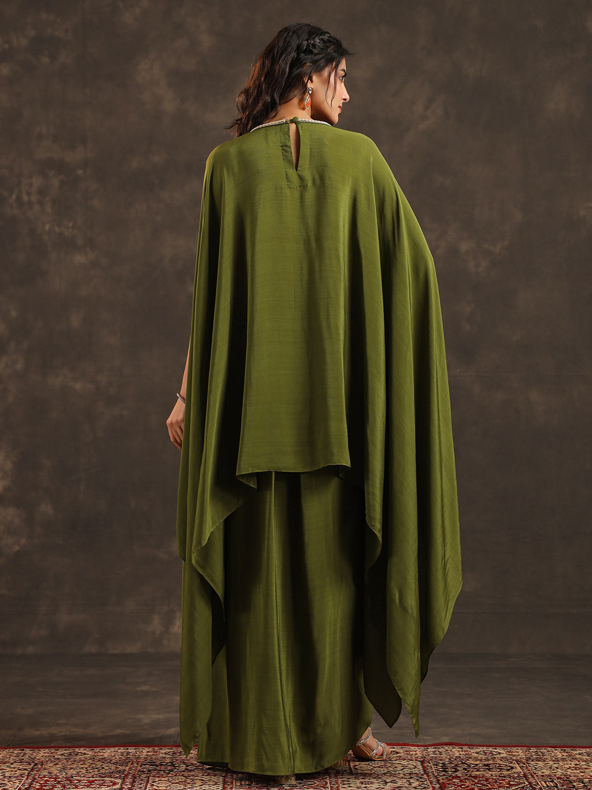 Mehendi green viscose crepe kaftan suit with festive embellishments