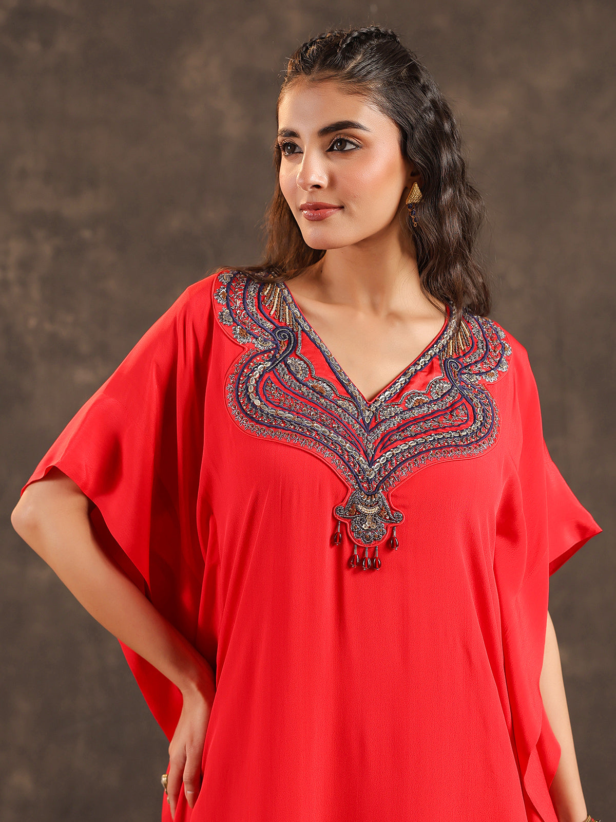 Red viscose crepe kaftan palazzo suit with festive embellishments