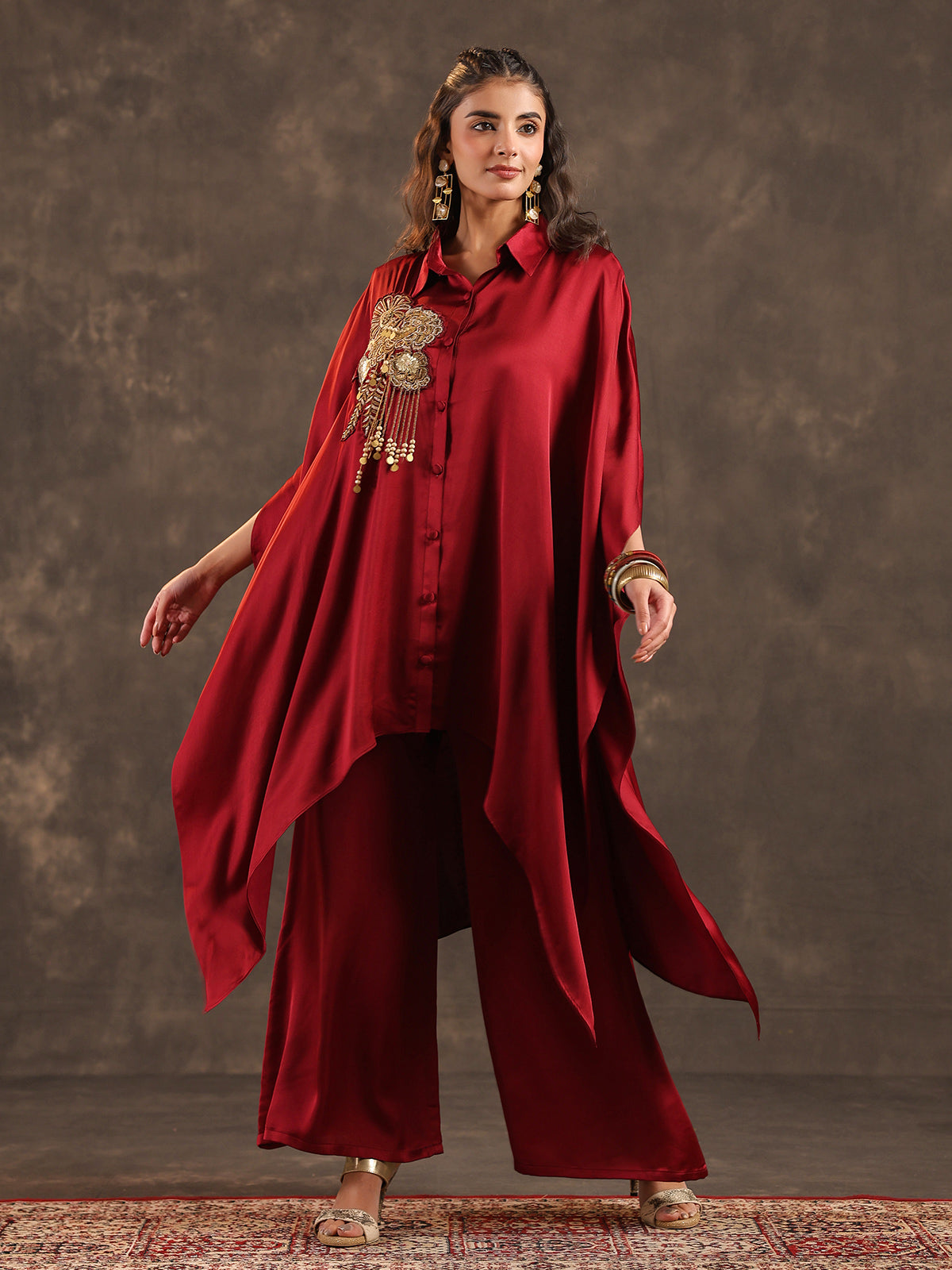 Maroon modal satin kaftan palazzo suit with coin embellishments