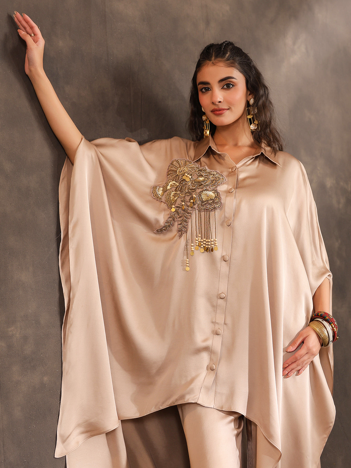 Beige modal satin kaftan palazzo suit with festive coin details