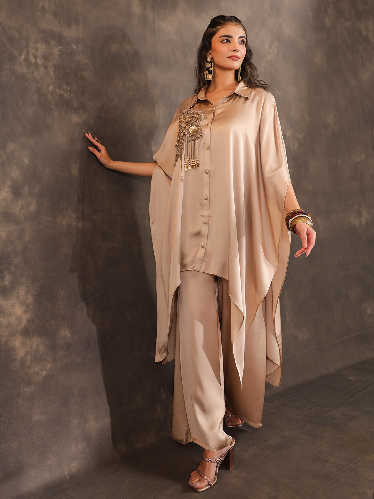 Beige modal satin kaftan palazzo suit with festive coin details