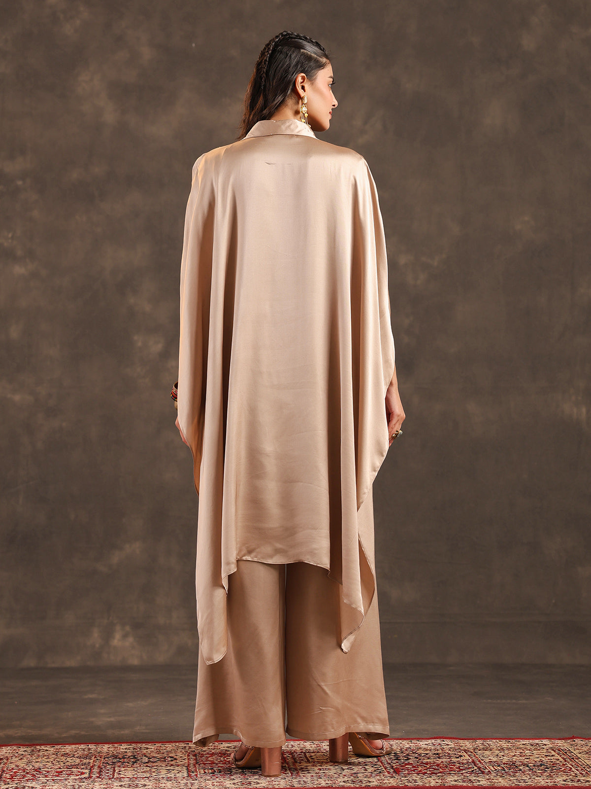 Beige modal satin kaftan palazzo suit with festive coin details