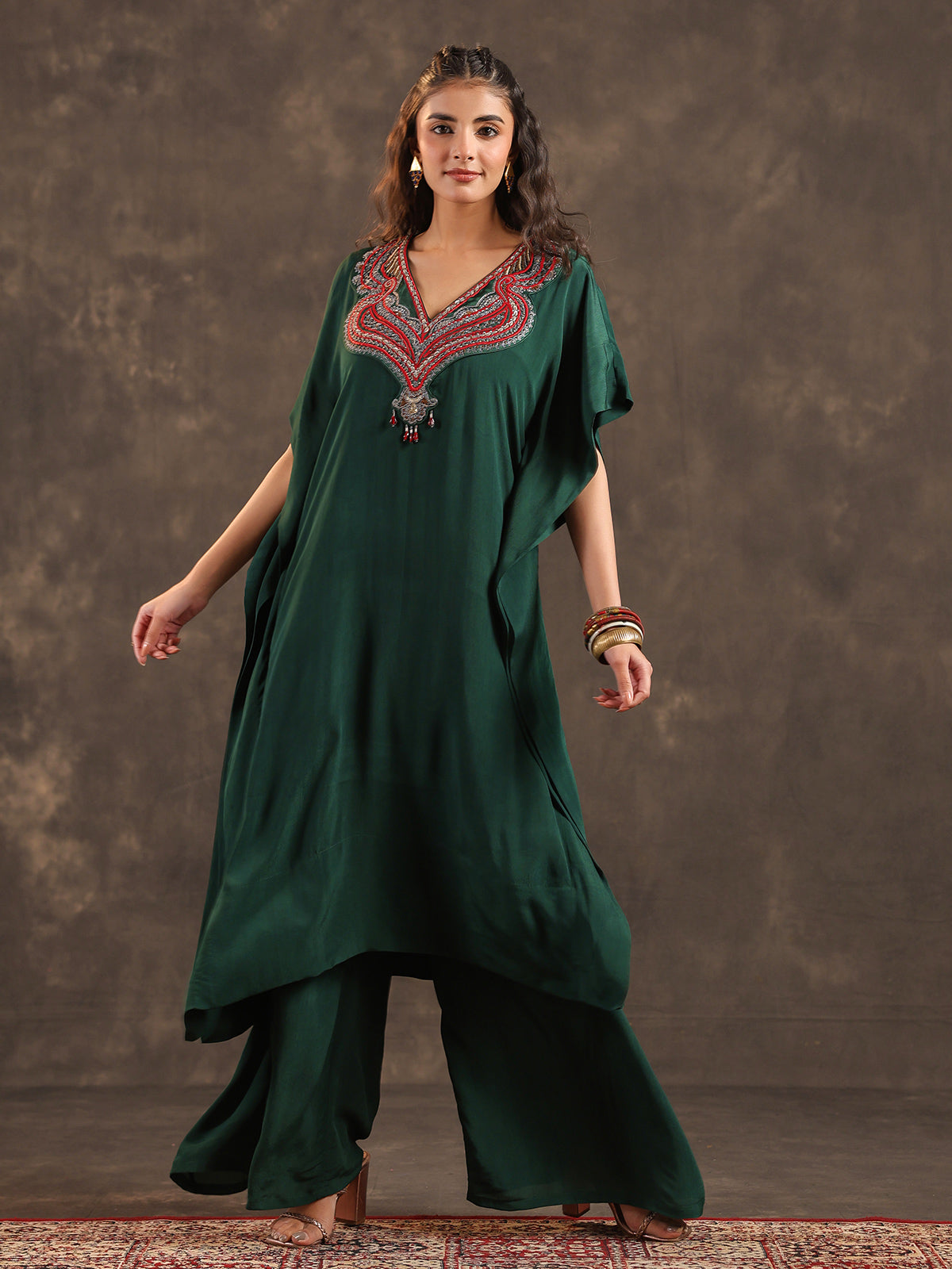 Dark green viscose crepe kaftan palazzo suit with embellishments
