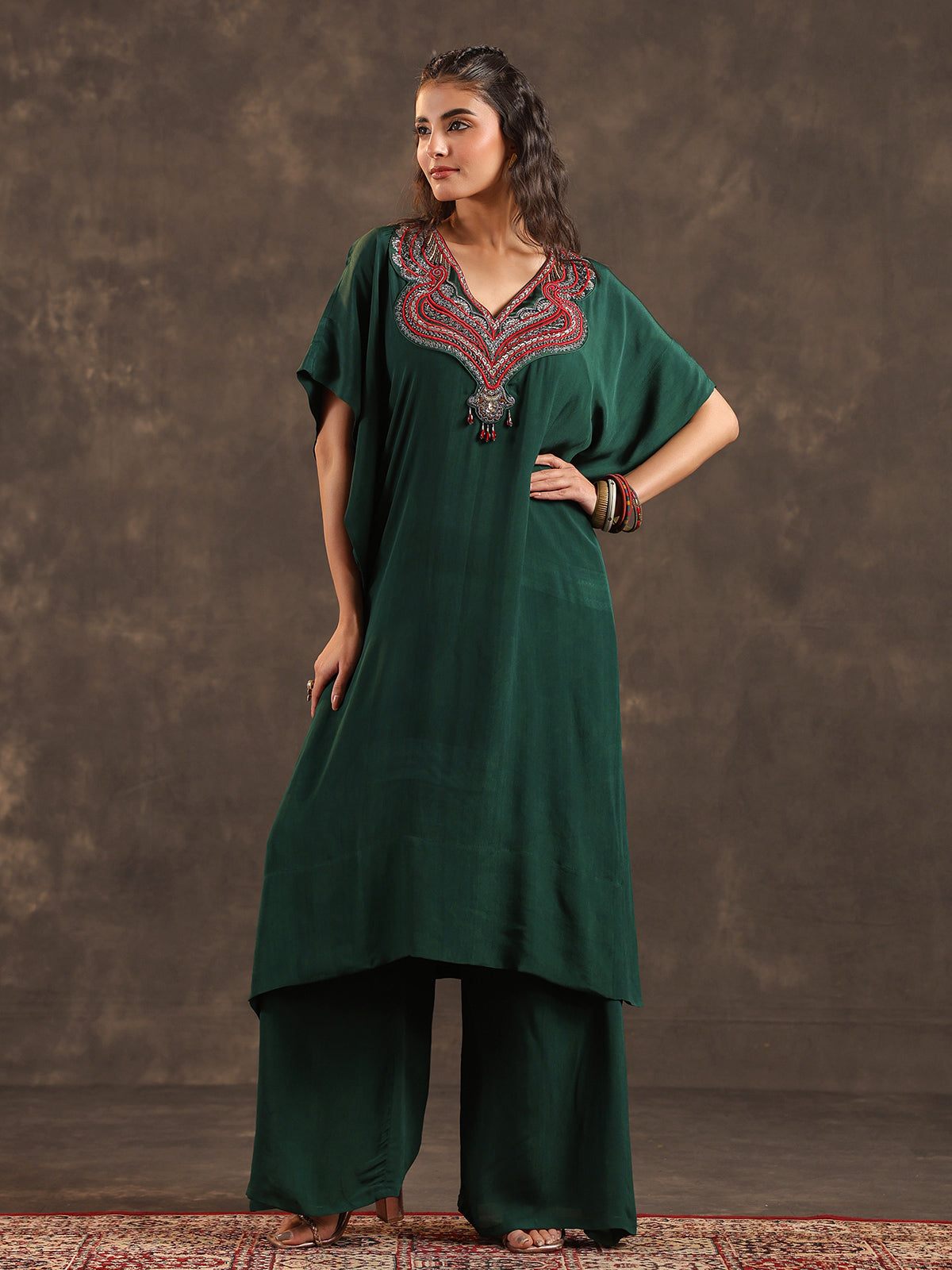 Dark green viscose crepe kaftan palazzo suit with embellishments