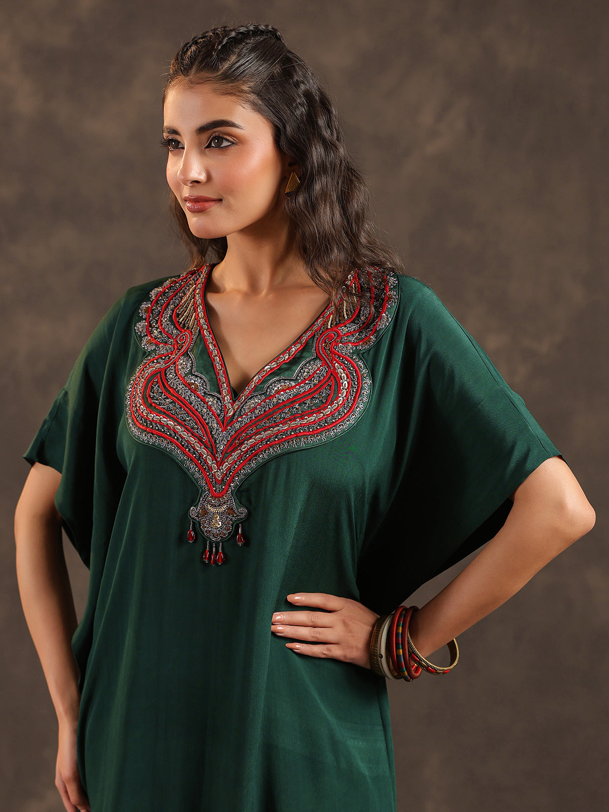 Dark green viscose crepe kaftan palazzo suit with embellishments