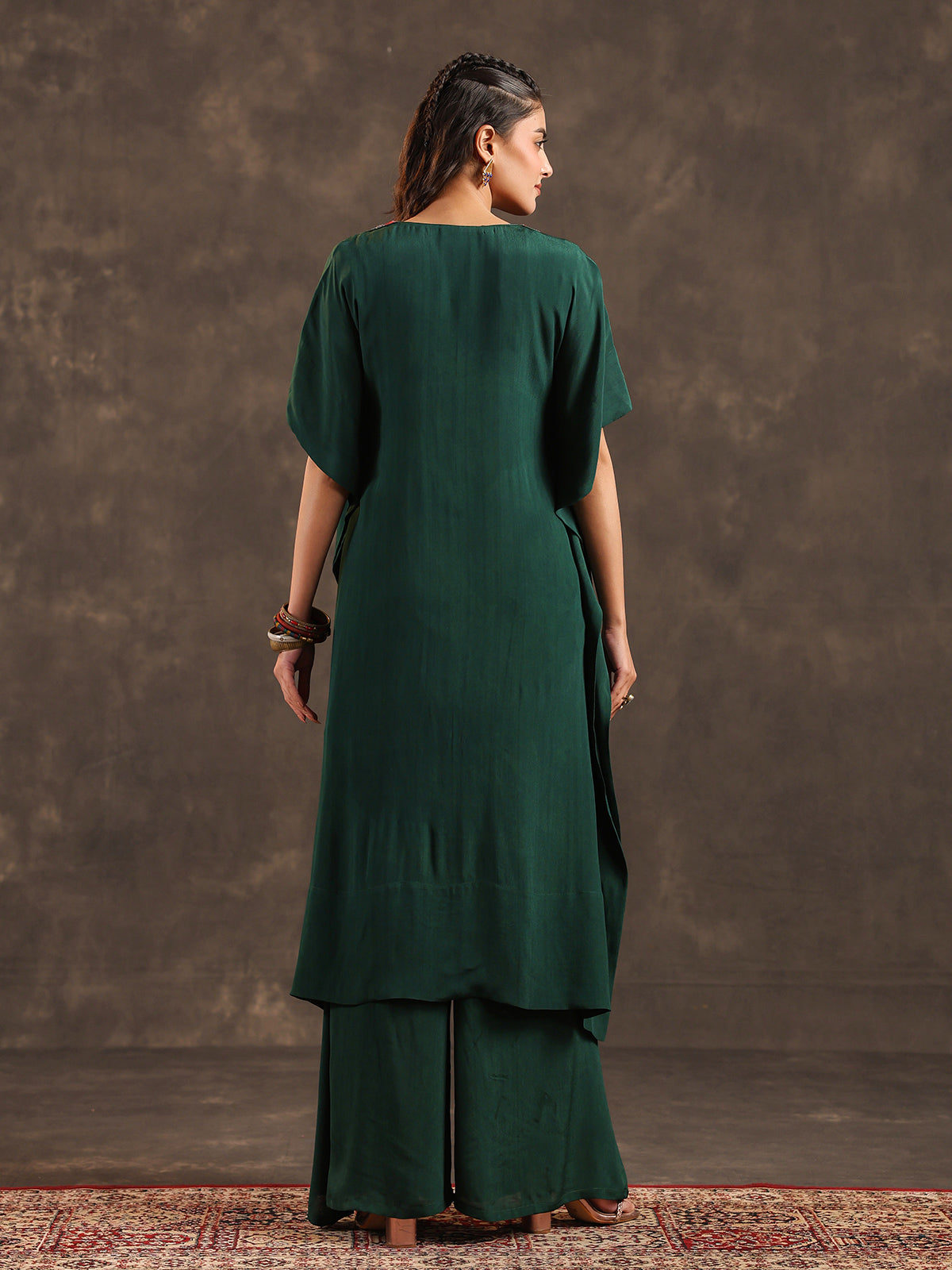 Dark green viscose crepe kaftan palazzo suit with embellishments