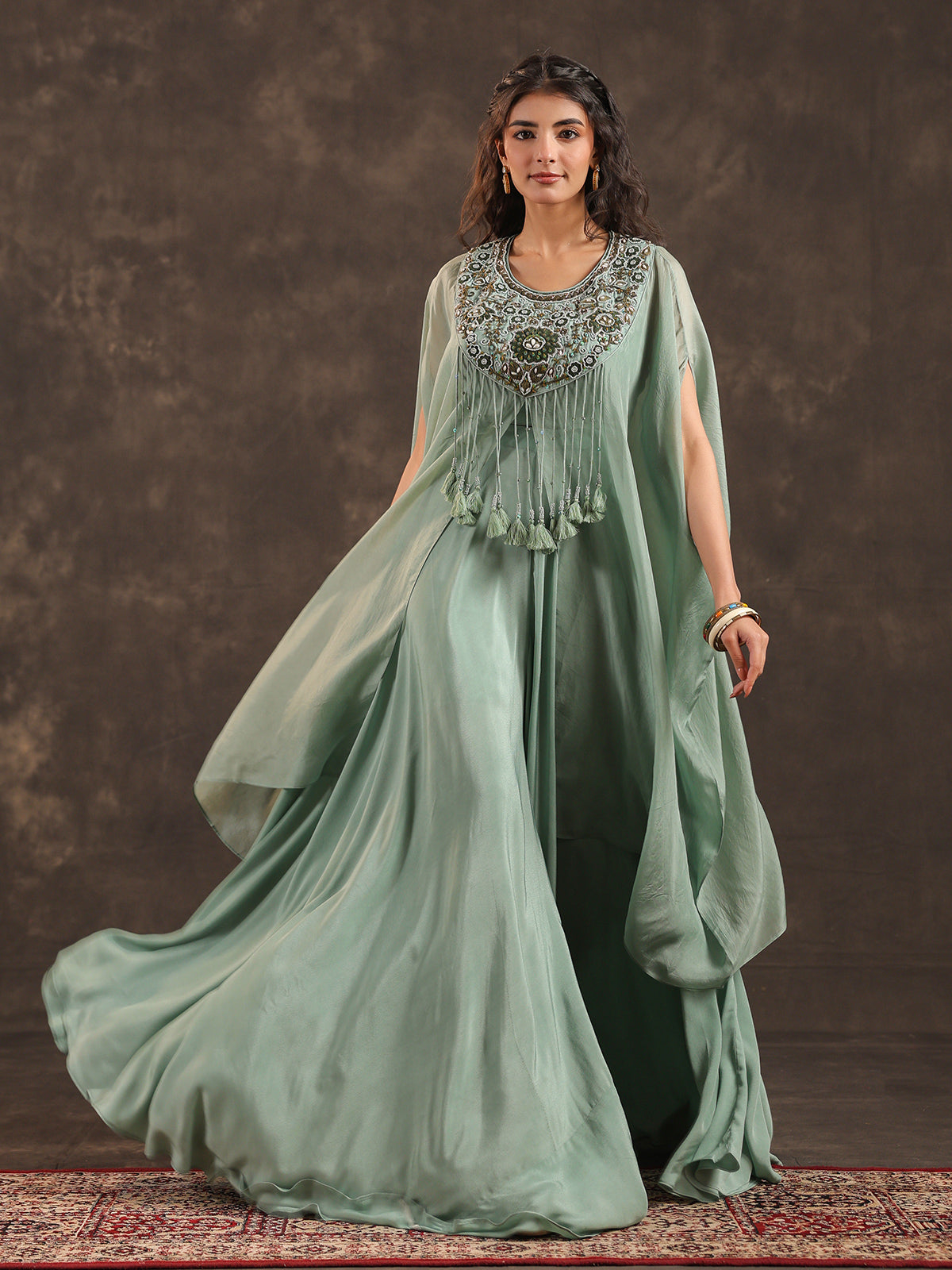 Mint green organza designer kaftan palazzo suit with zardosi