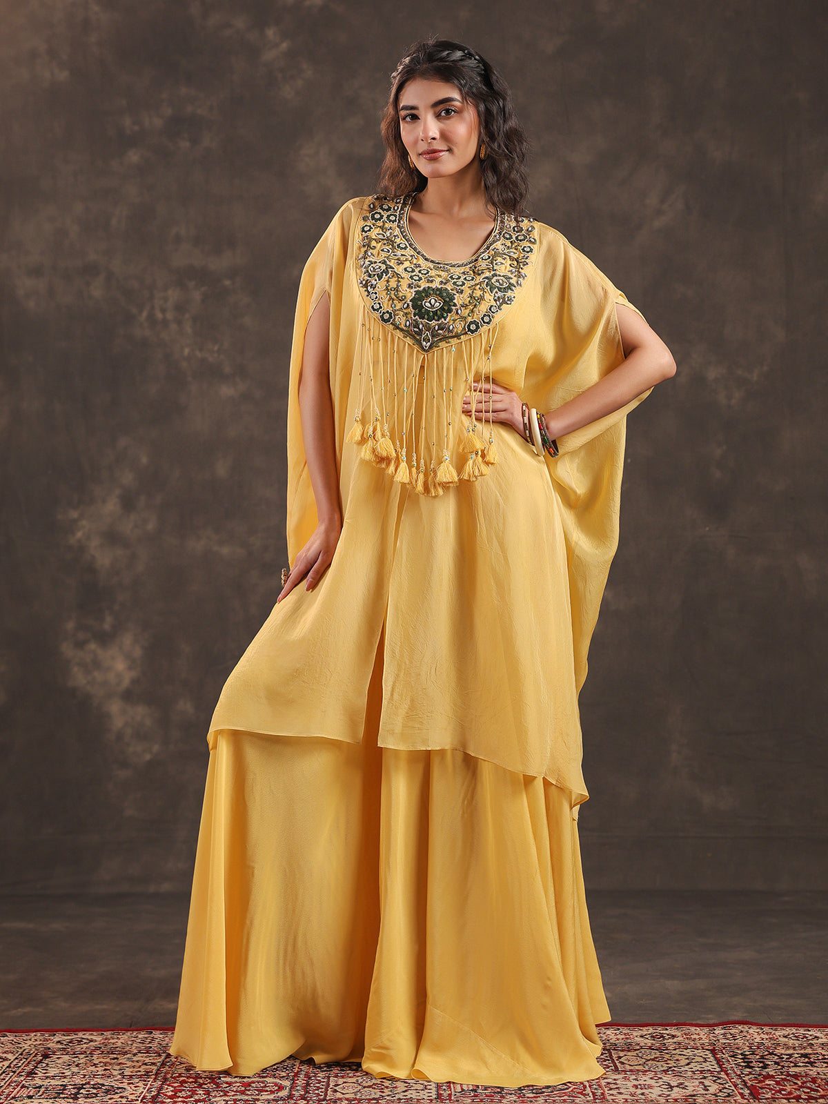 Yellow organza designer kaftan palazzo suit with zardosi work