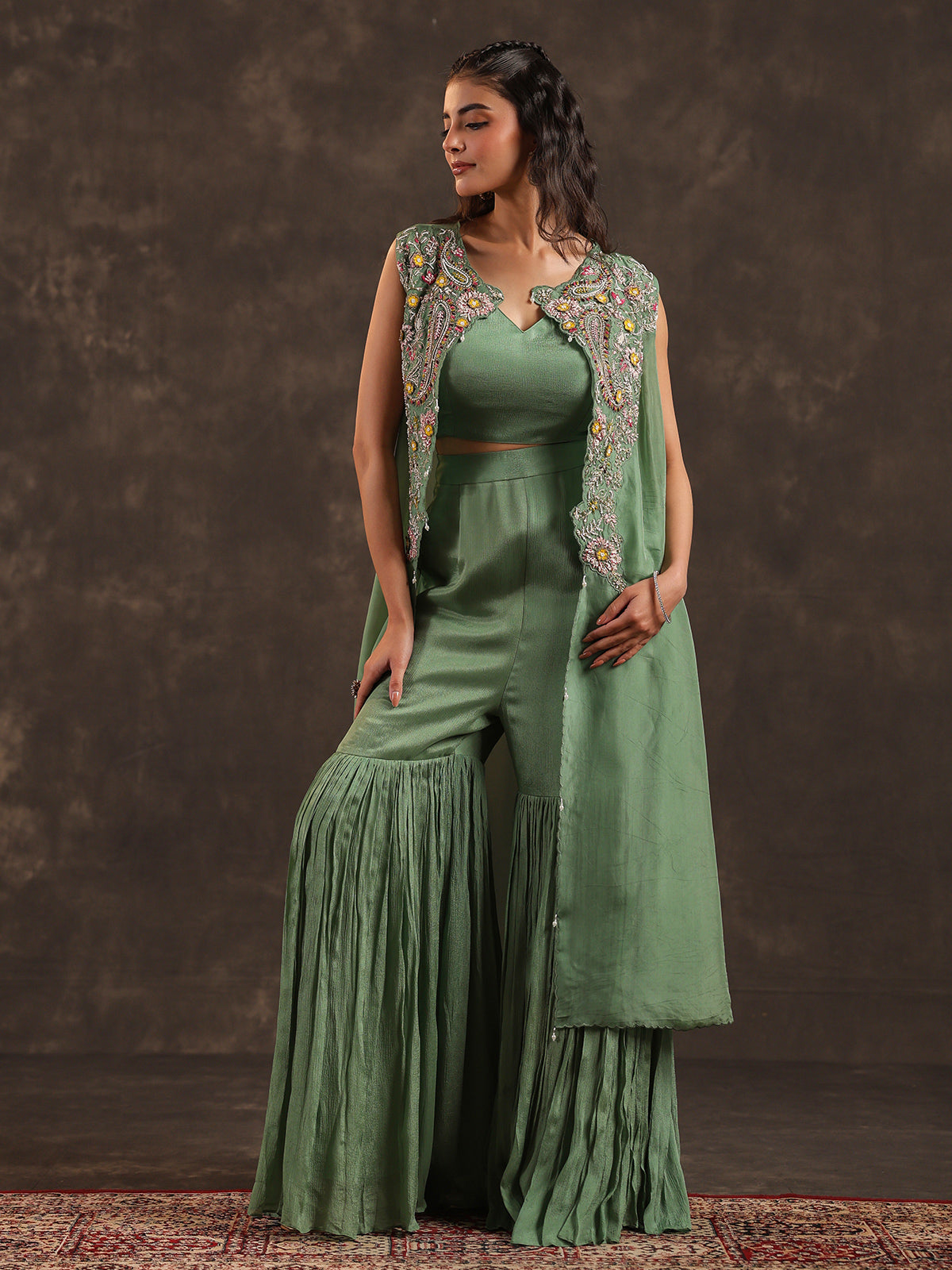 Pista green chinon jacket style sharara suit for weddings