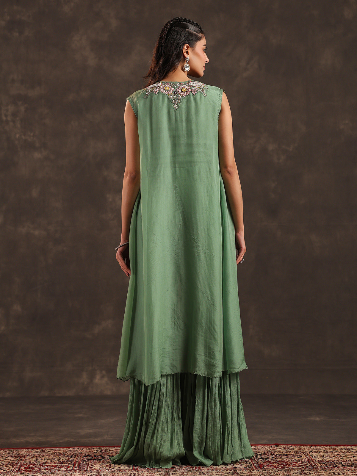 Pista green chinon jacket style sharara suit for weddings