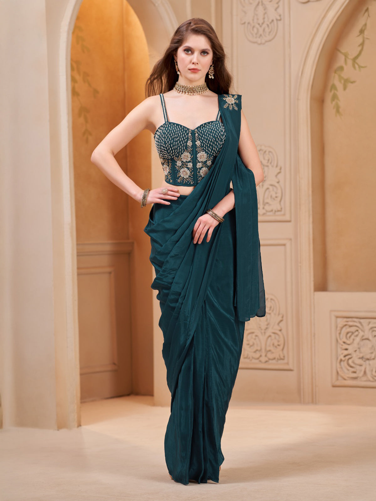 Rama green satin silk designer ready to wear saree