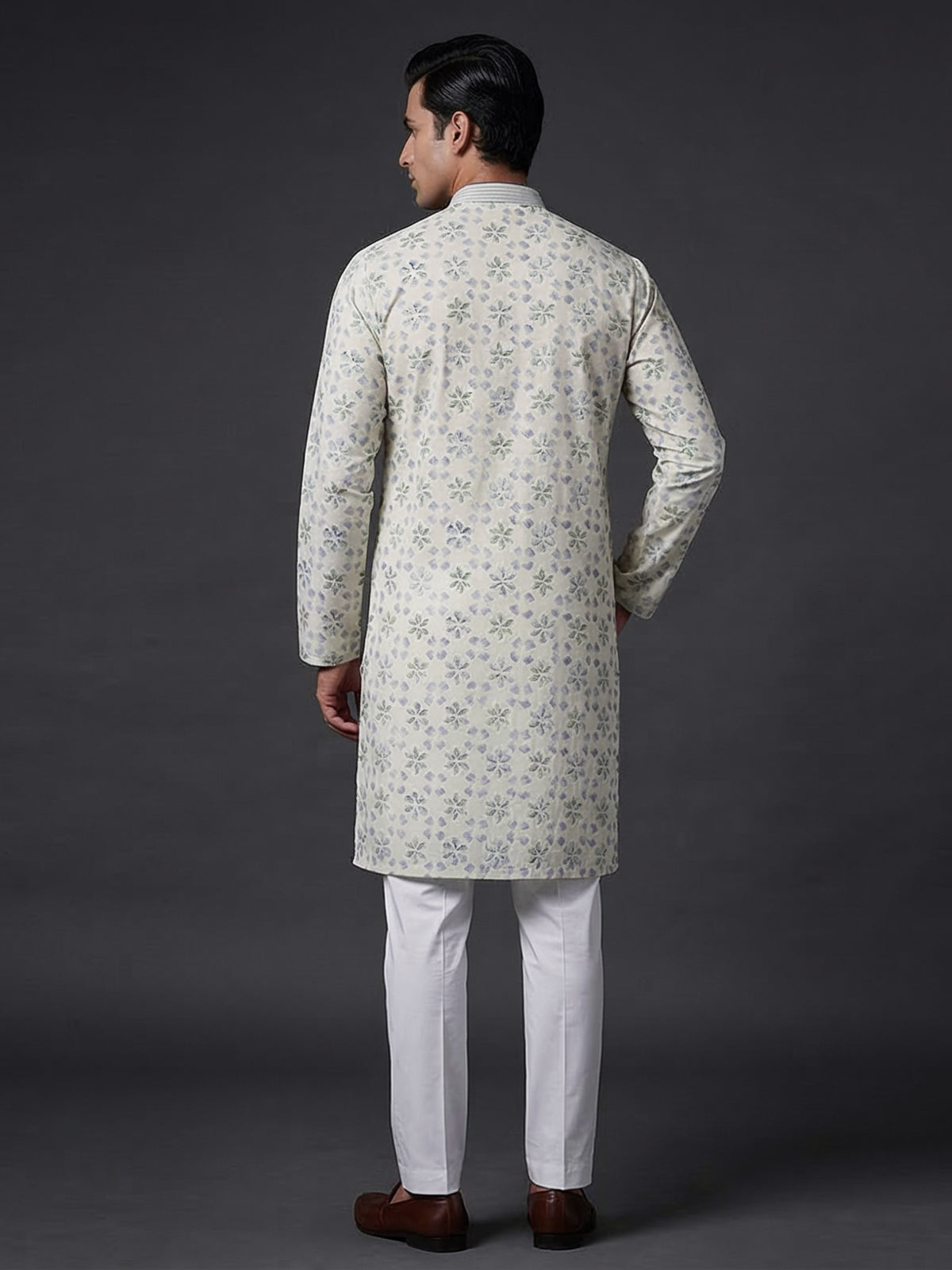 Off white blue floral printed cotton festive kurta suit