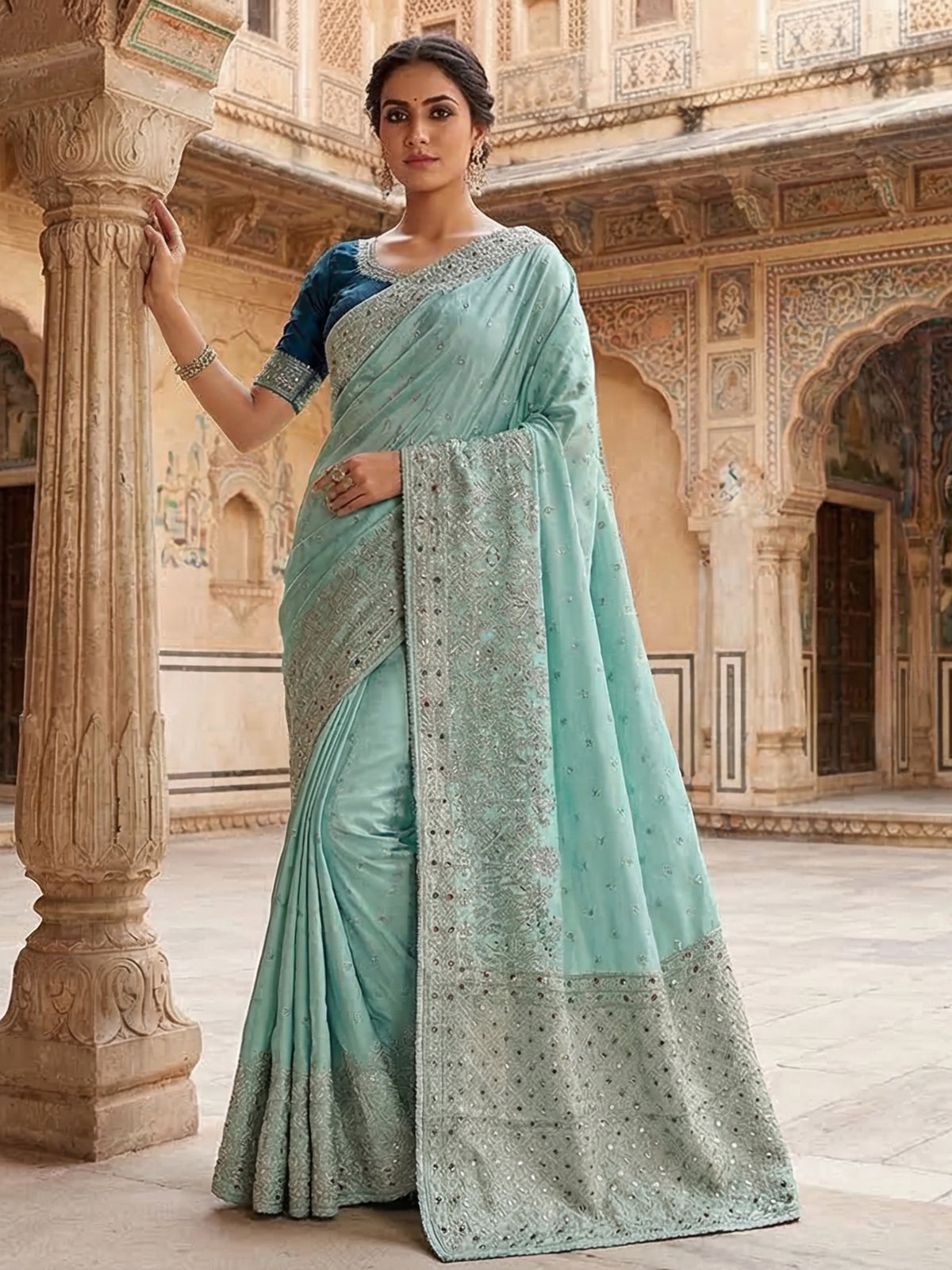 Mint blue art silk saree with zardosi highlights
