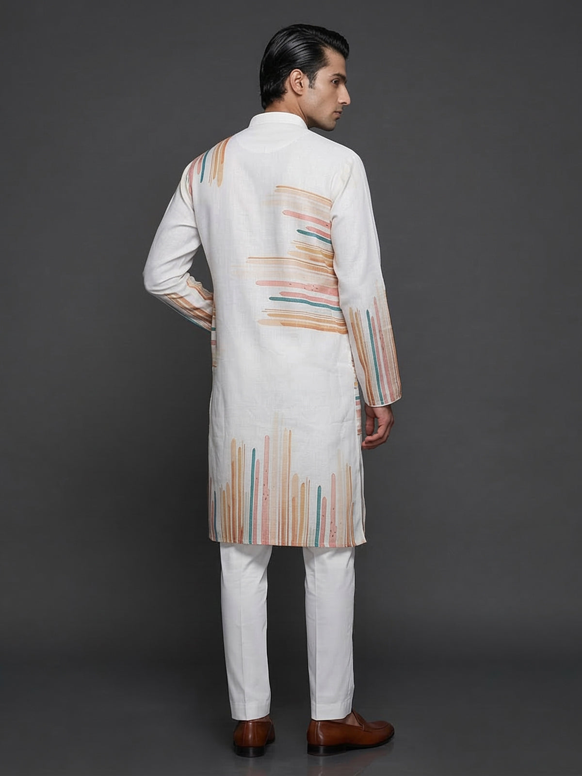 White cotton linen printed festive kurta suit