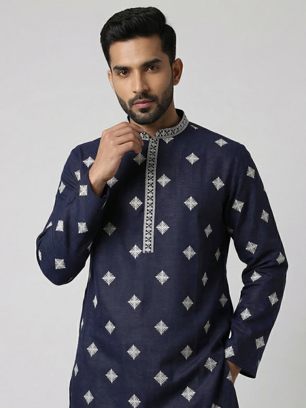 Navy blue cotton silk embroidered festive kurta suit