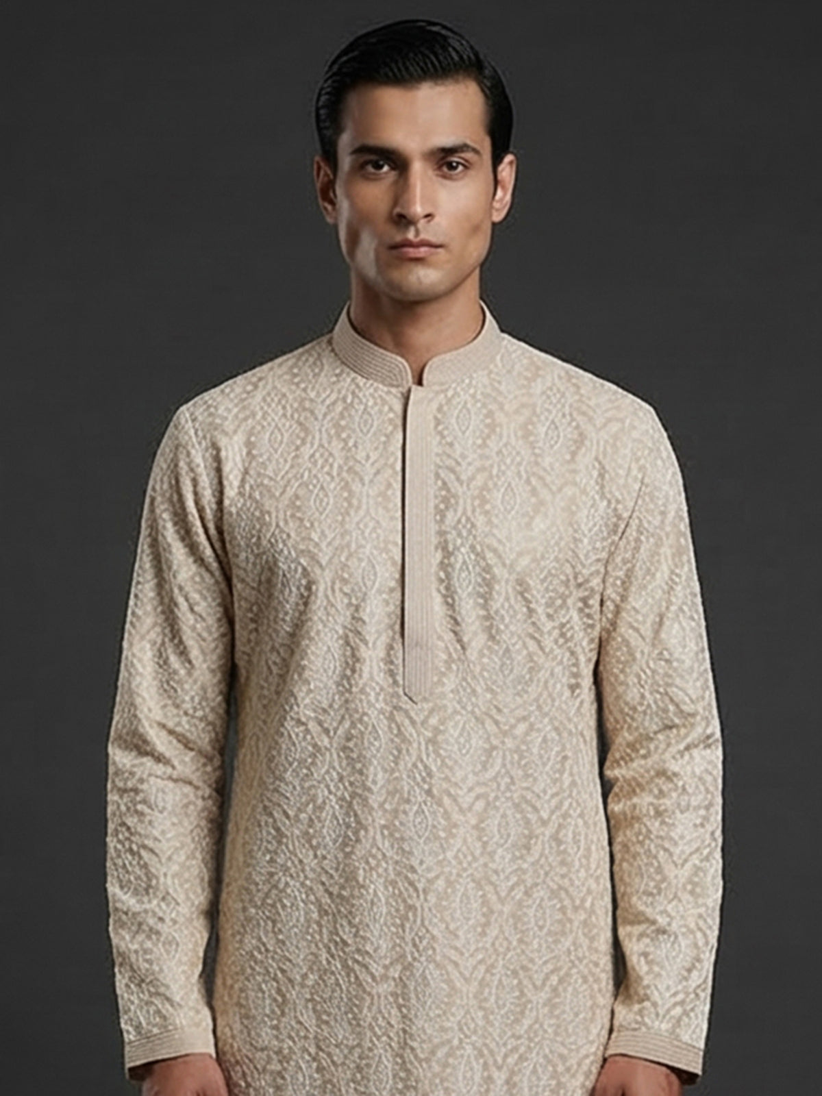 Cream cotton linen embroidered festive kurta suit