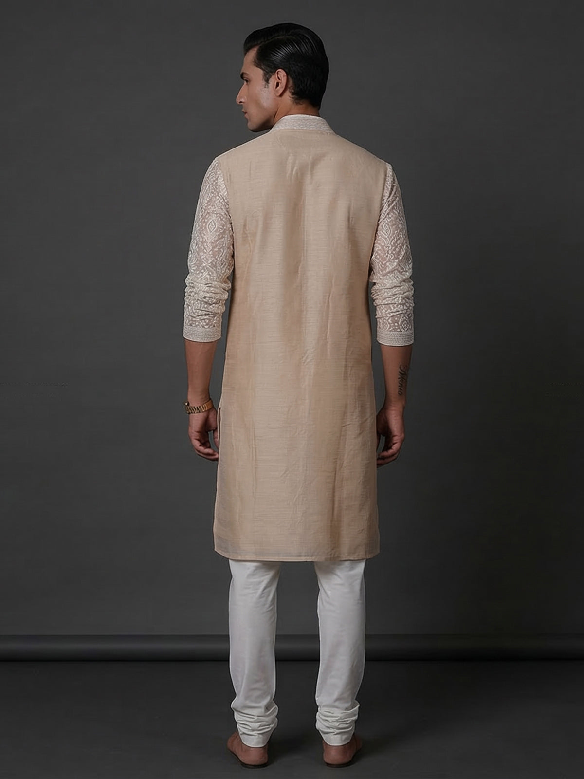 Cream cotton linen embroidered festive kurta suit
