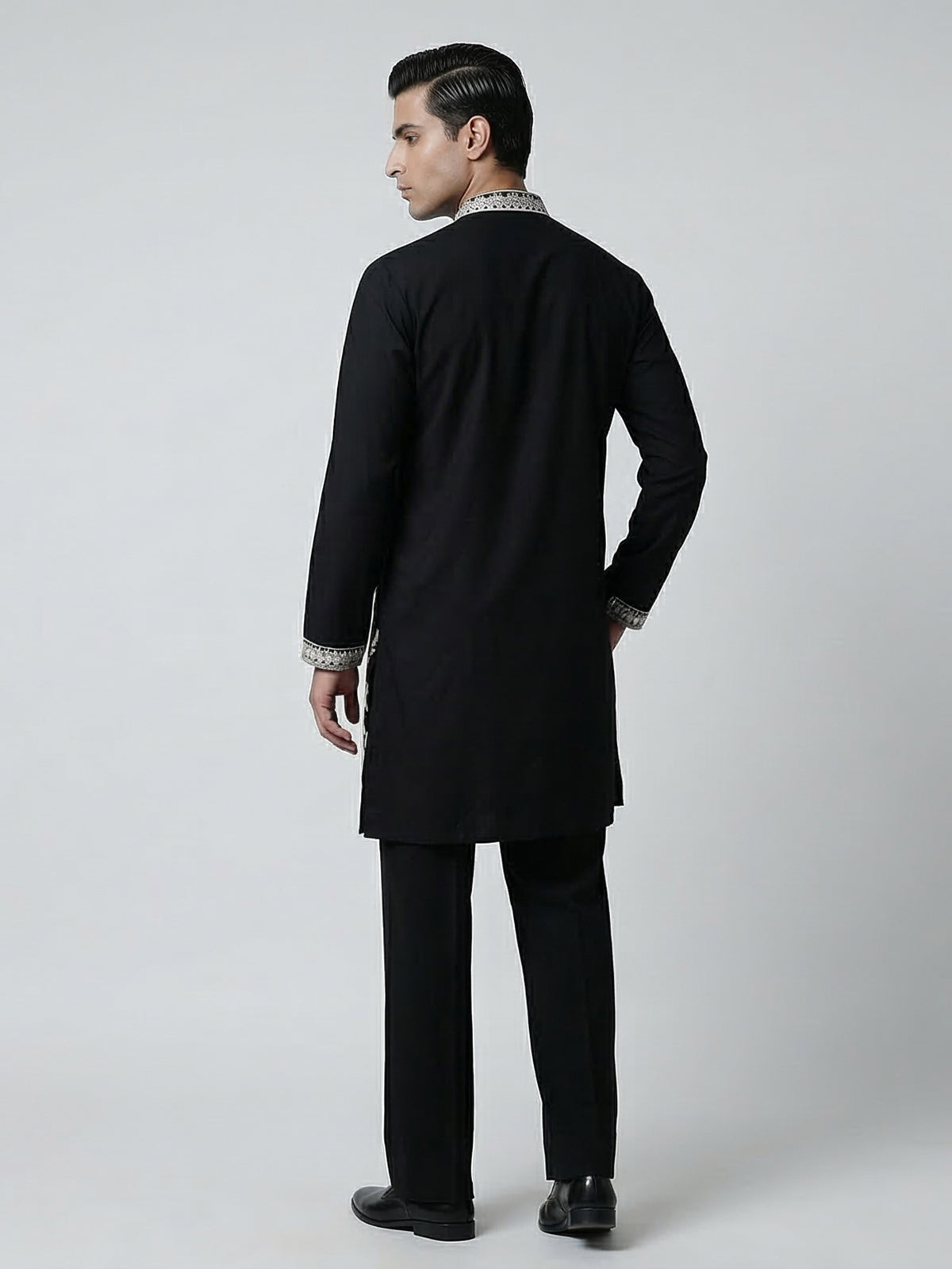 Black cotton embroidered mandarin collar festive kurta suit
