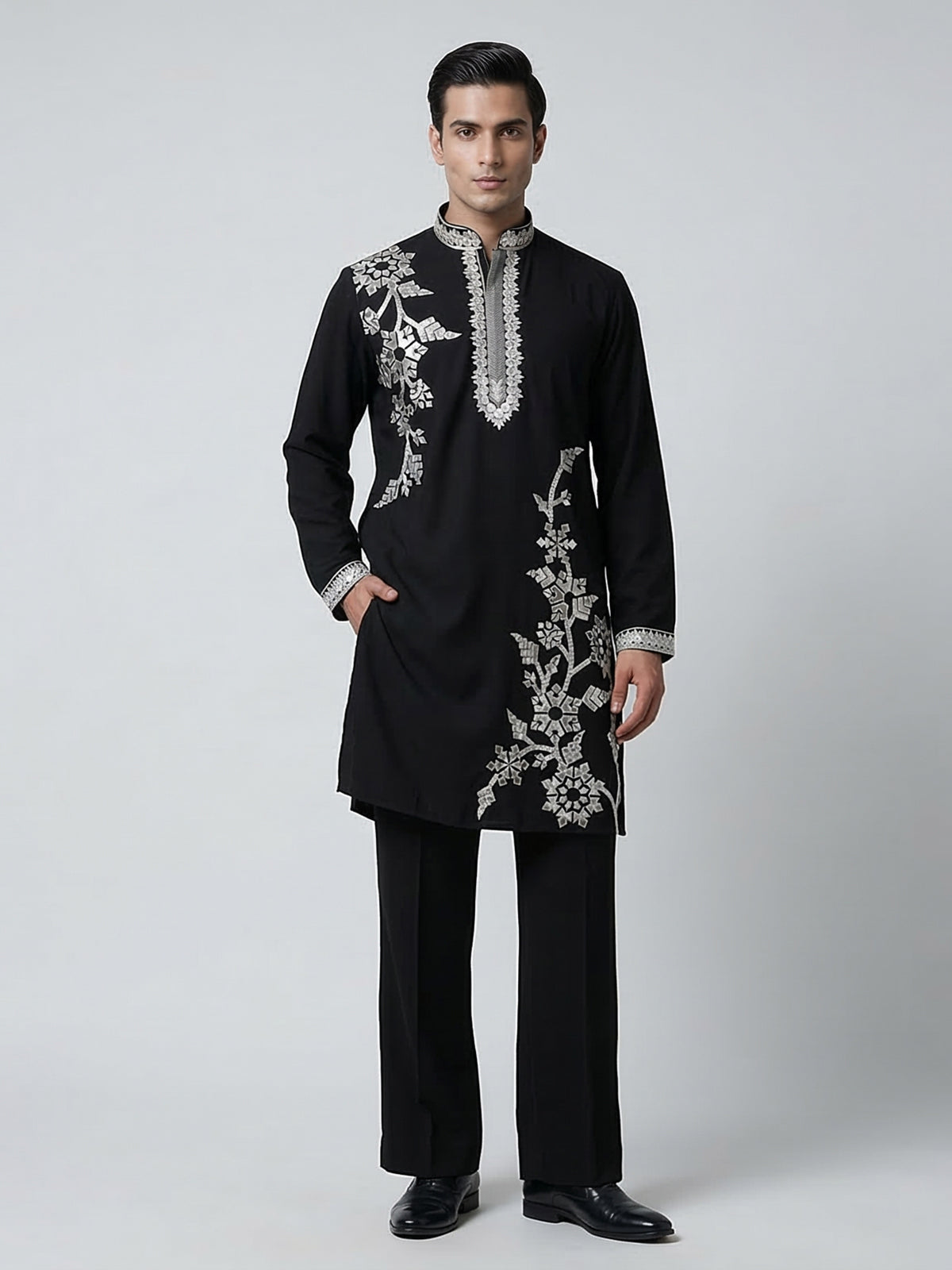 Black cotton embroidered mandarin collar festive kurta suit