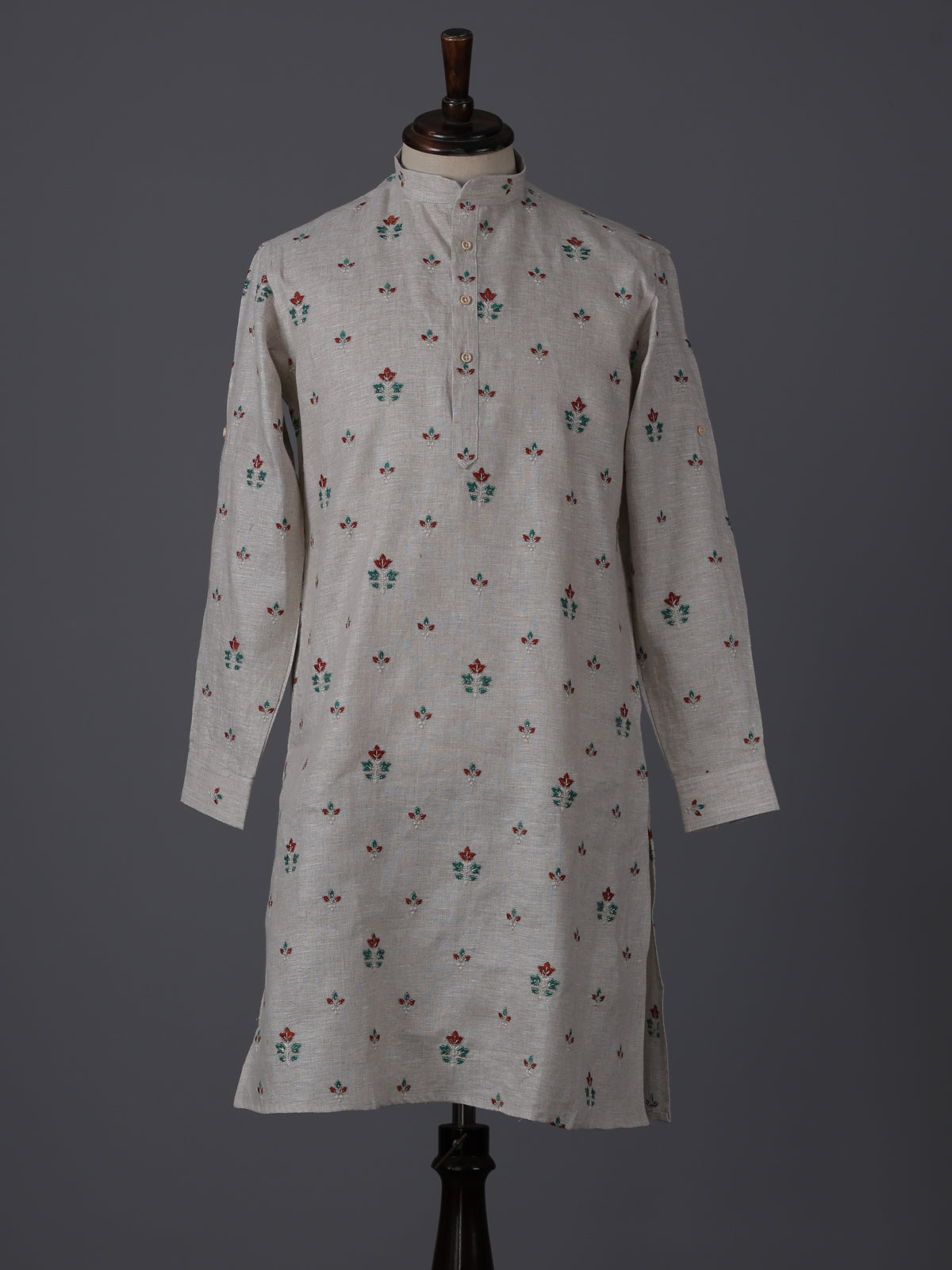 Light grey cotton linen embroidered festive kurta suit