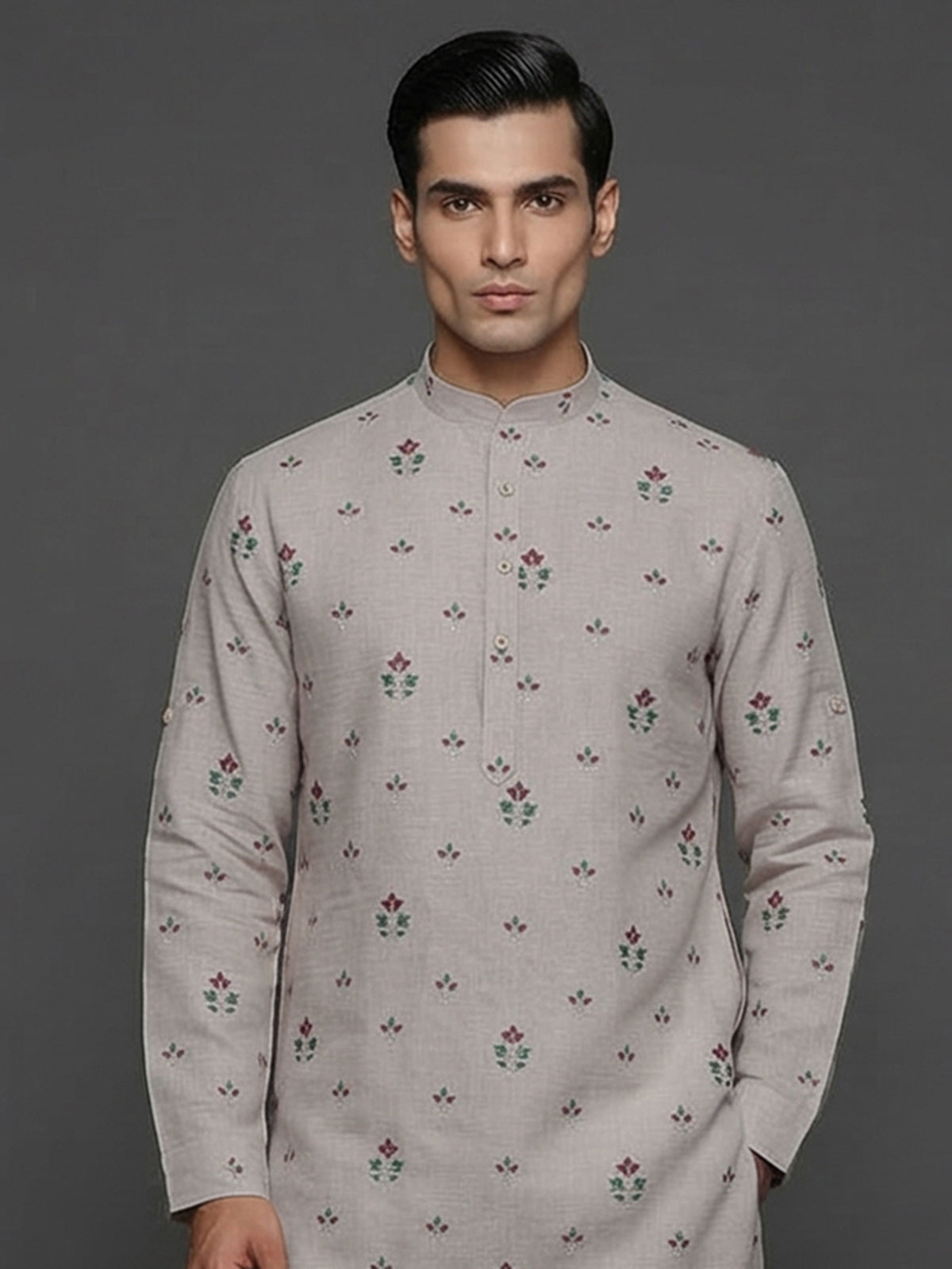 Light grey cotton linen embroidered festive kurta suit