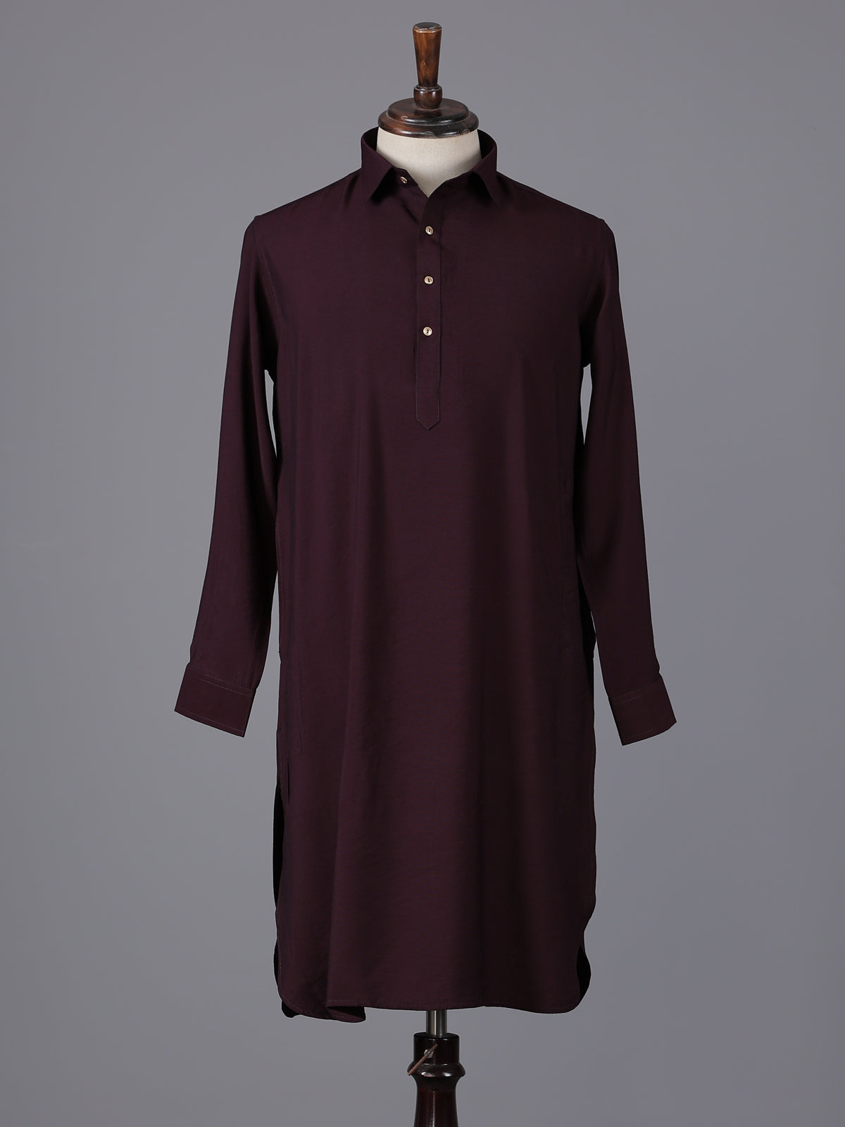 Elegant wine cotton silk pathani suit with classic collar neckline
