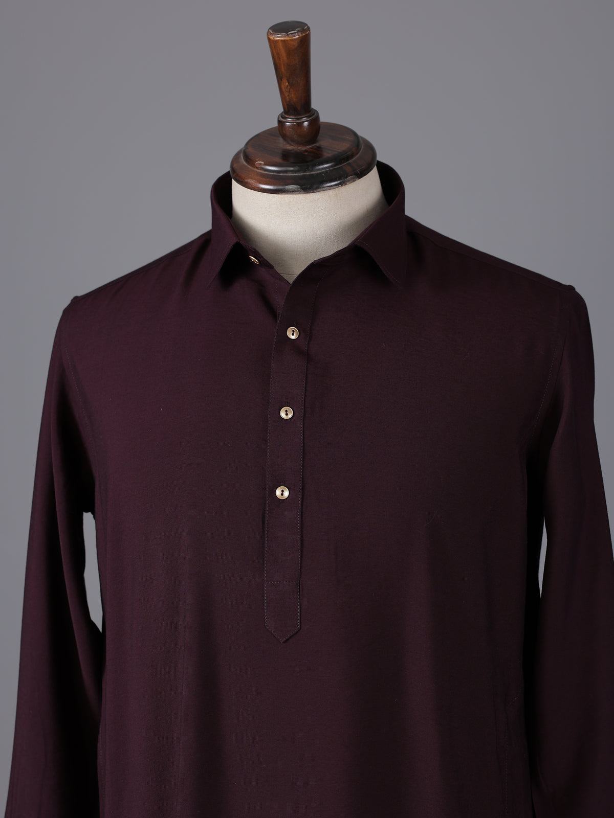 Elegant wine cotton silk pathani suit with classic collar neckline