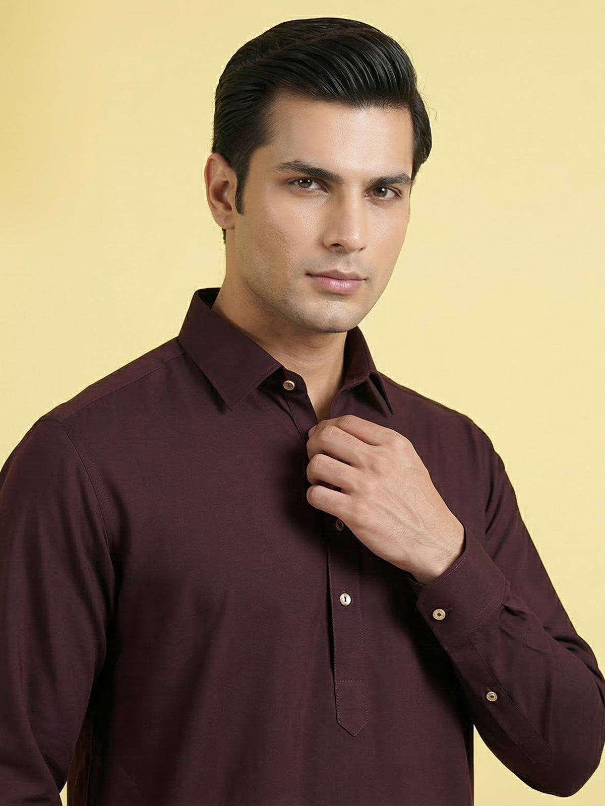 Elegant wine cotton silk pathani suit with classic collar neckline