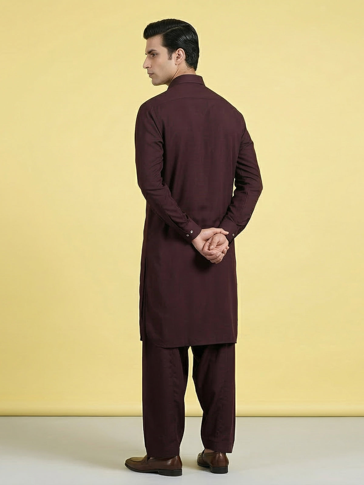 Elegant wine cotton silk pathani suit with classic collar neckline