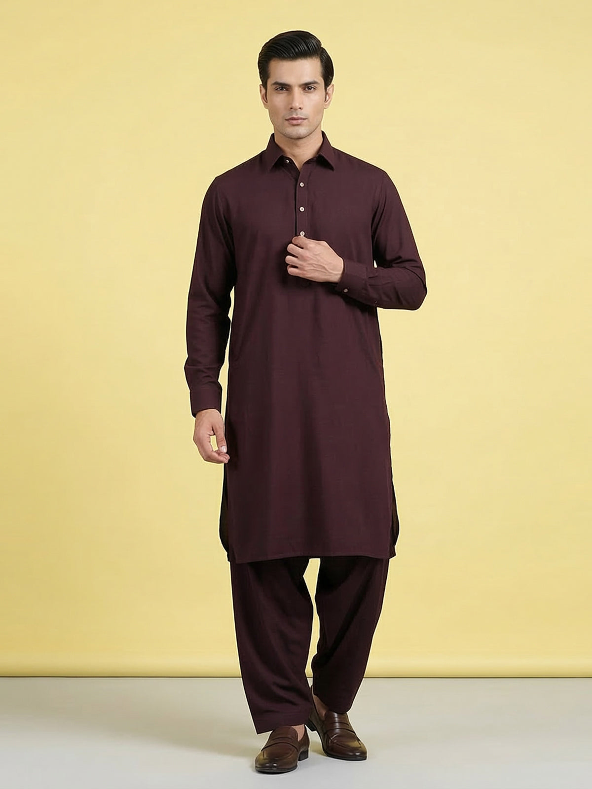 Elegant wine cotton silk pathani suit with classic collar neckline