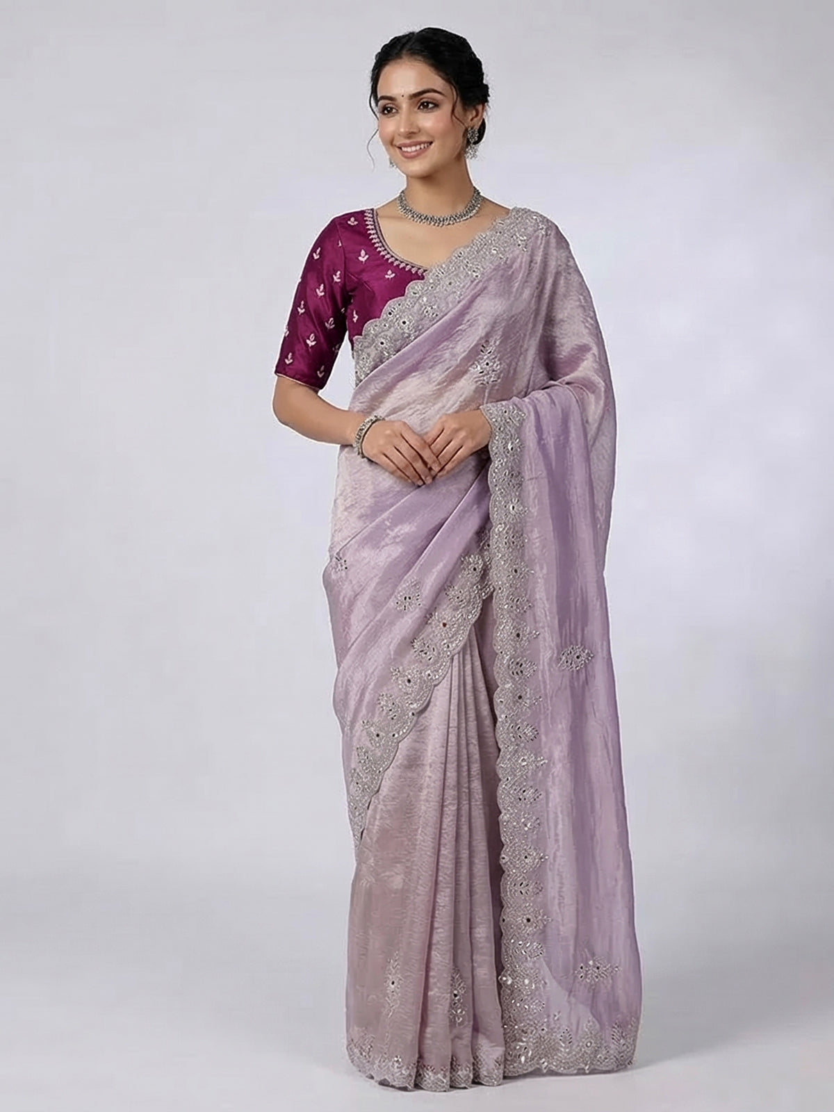 Purple tissue silk zardosi heritage saree