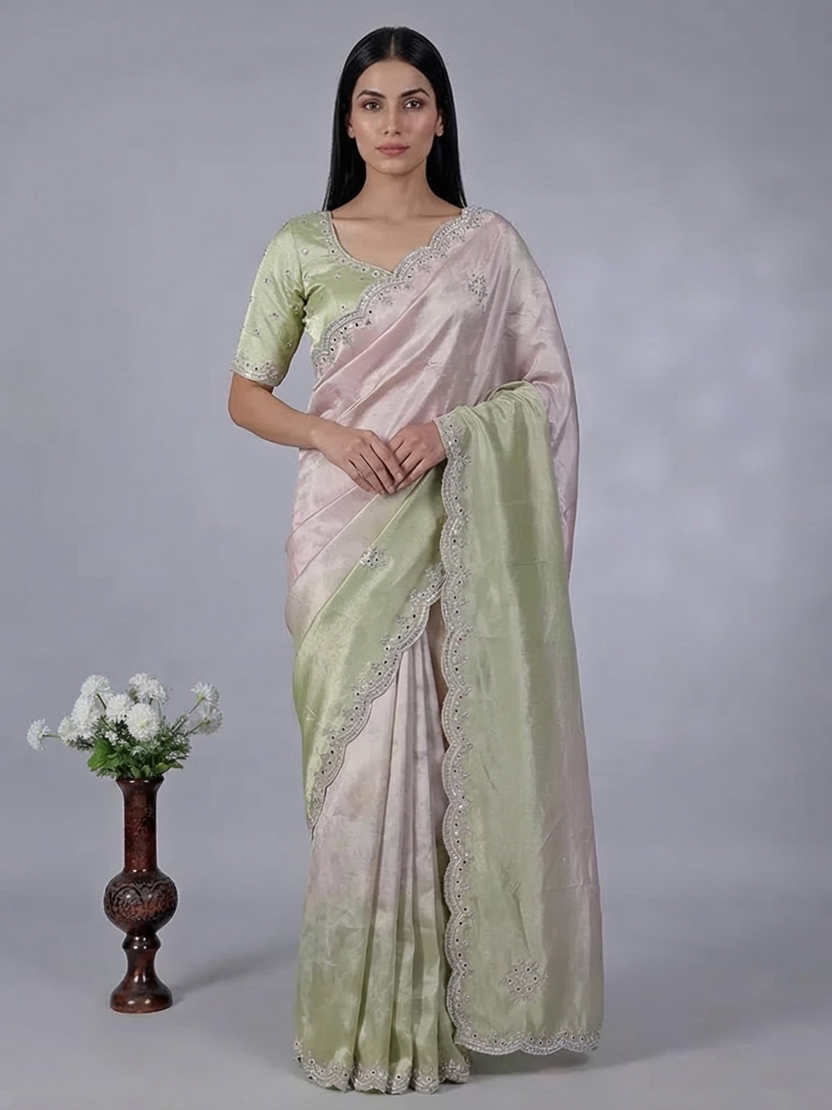 Green purple shaded tissue silk designer saree