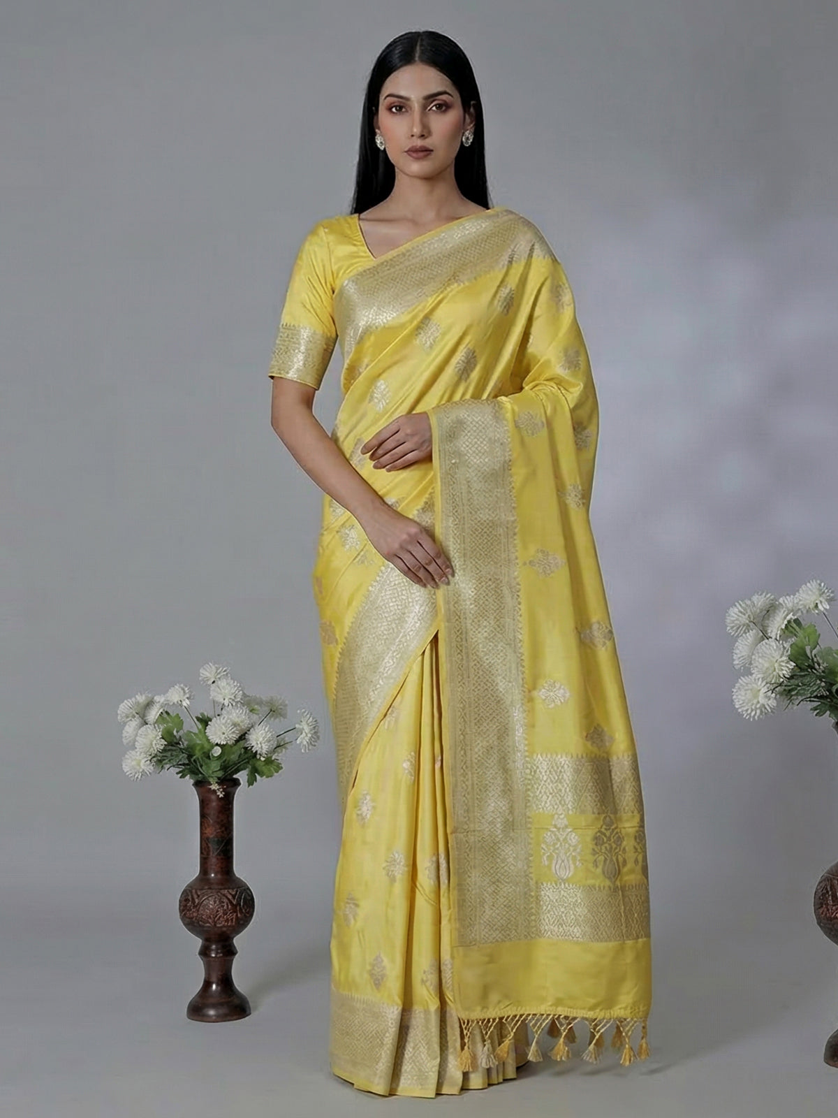 Yellow semi silk saree with classic zari work