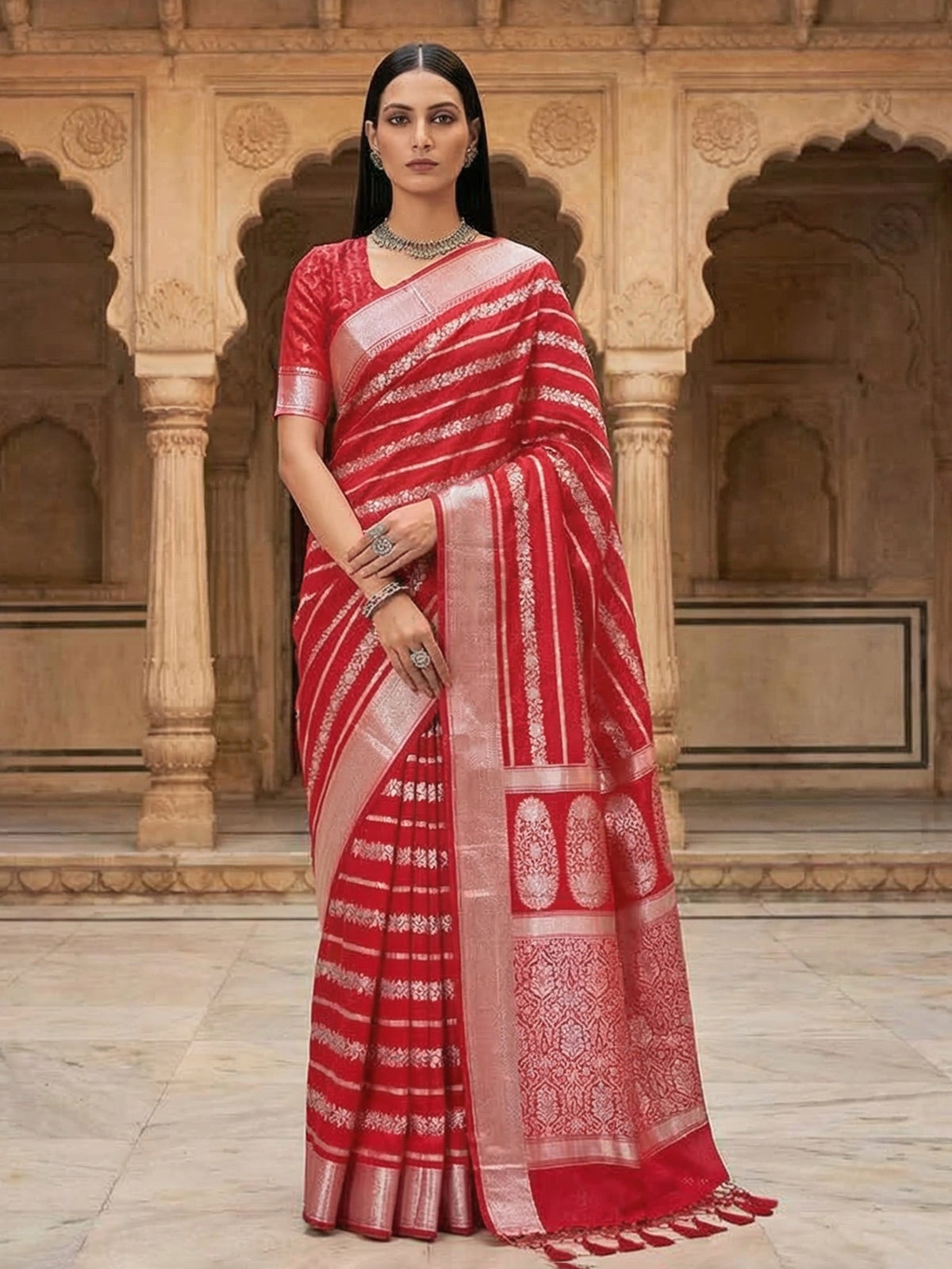 Red art silk zari work saree for celebrations