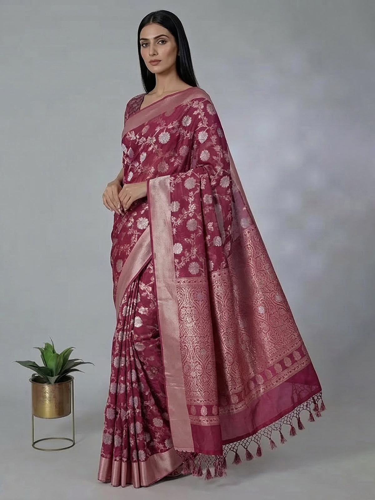 Rich wine art silk saree with classic zari detailing