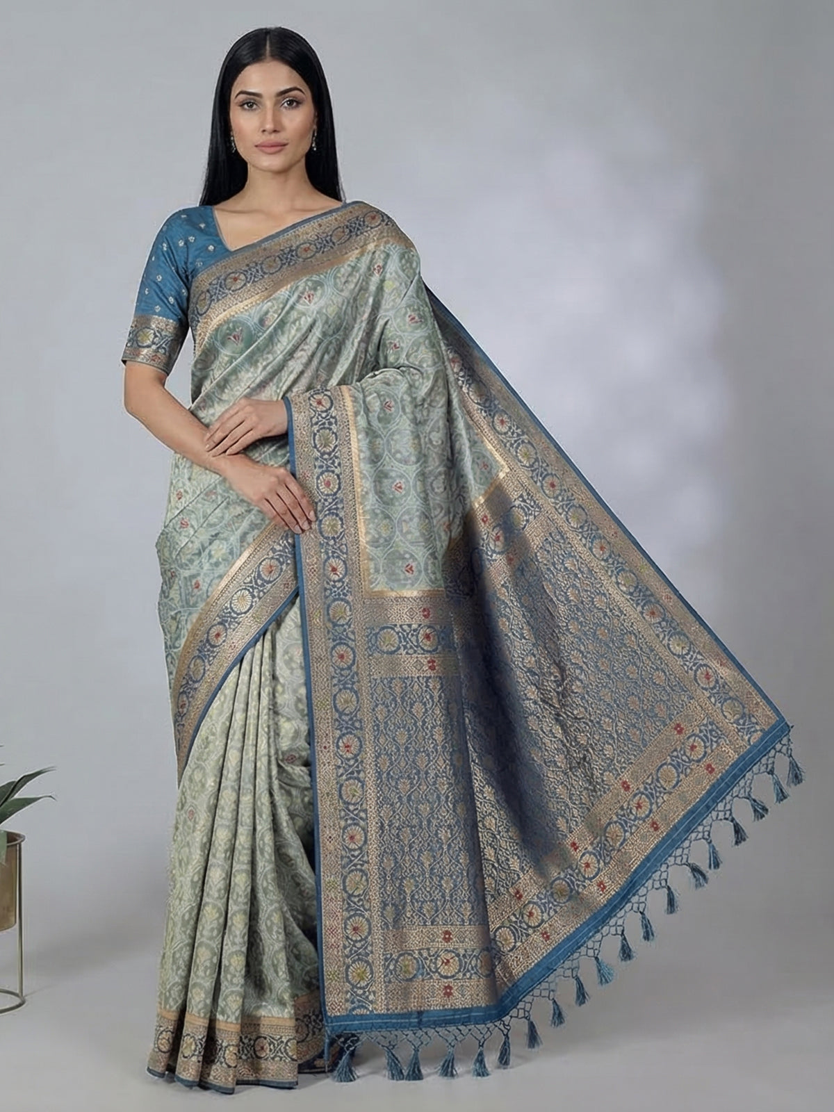 Light blue art silk floral printed zari saree