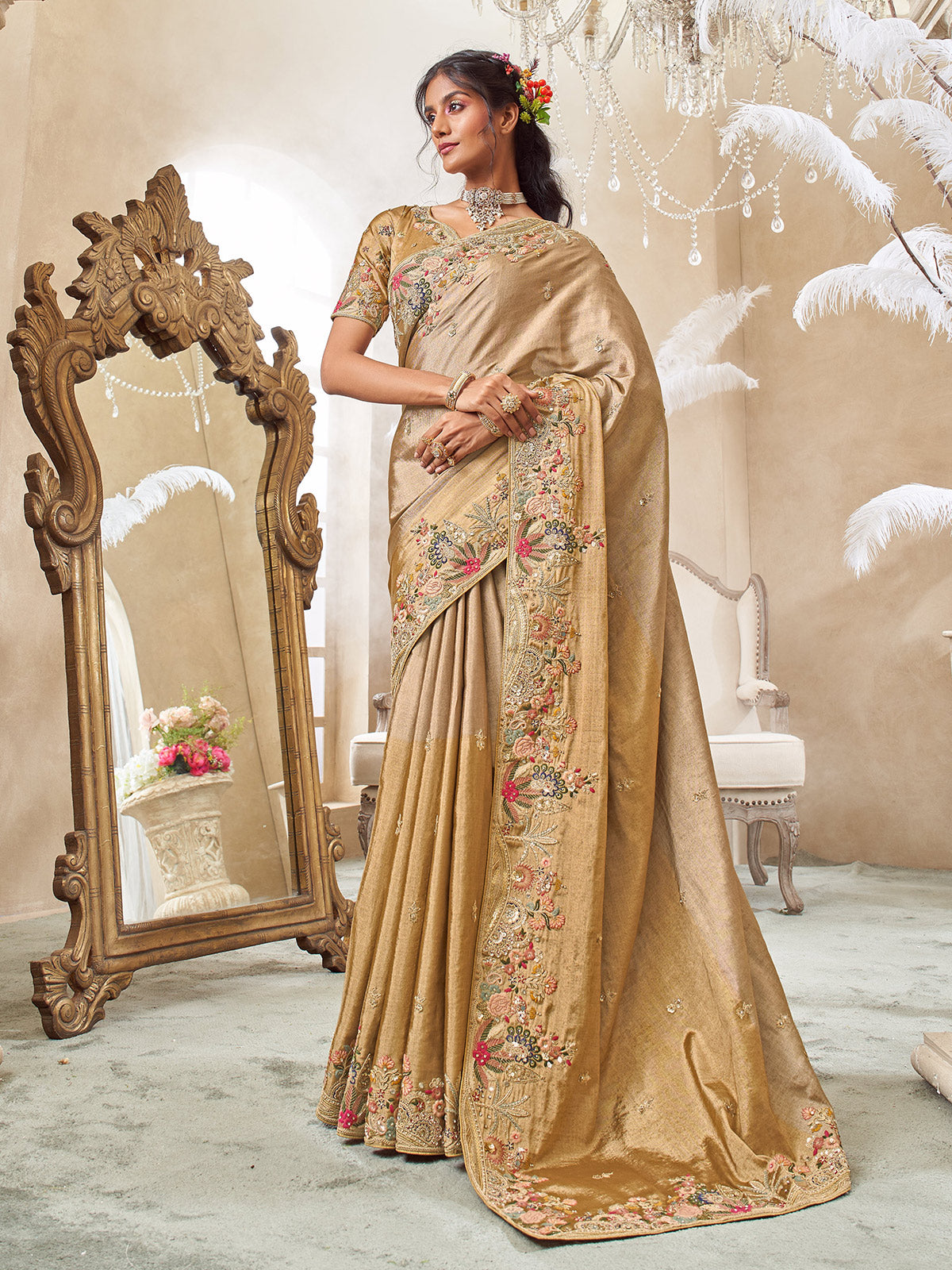 Beige viscose silk saree for wedding celebrations