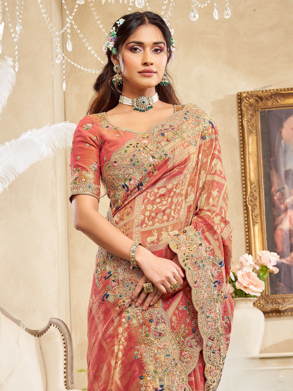 Peach viscose silk saree for reception wear